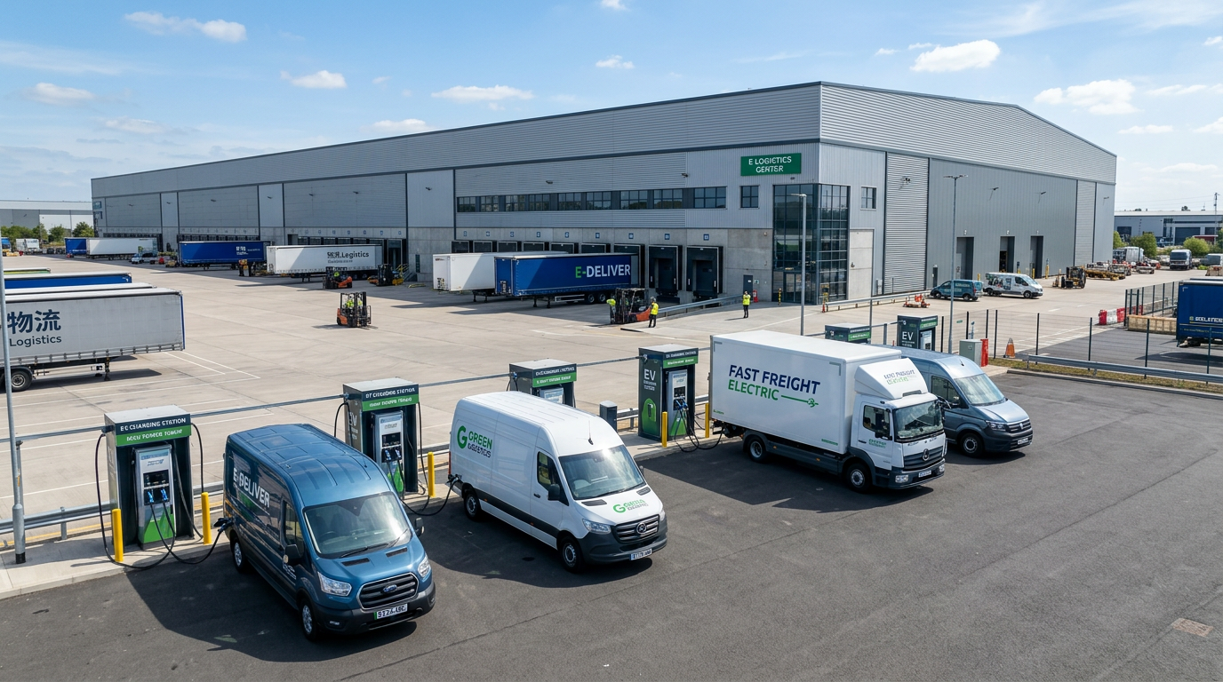 Electric vehicles charging at a large warehouse facility