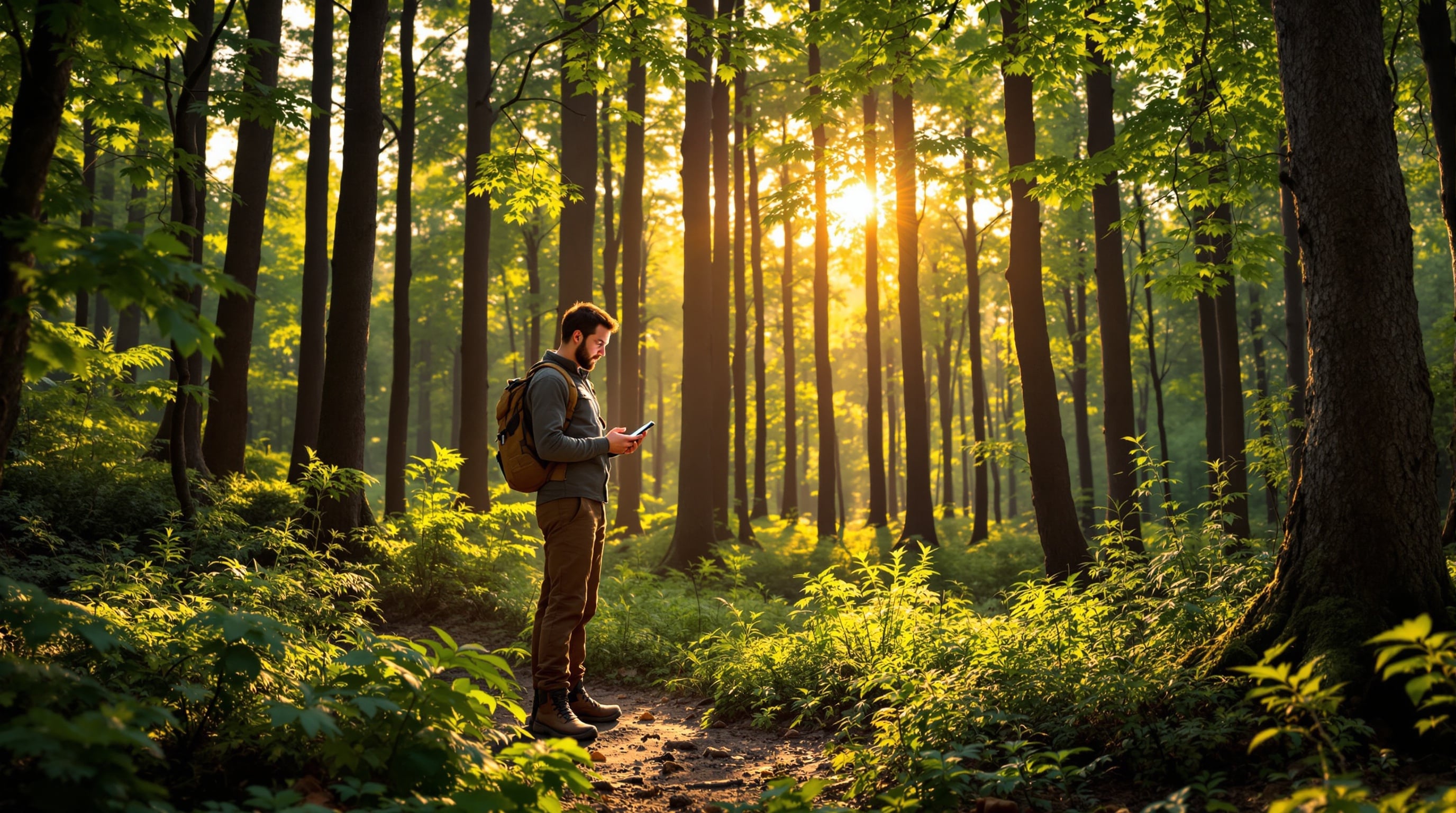 Man using a smartphone in nature, representing how technology can support awareness, mindfulness, and the expansion of consciousness when used intentionally