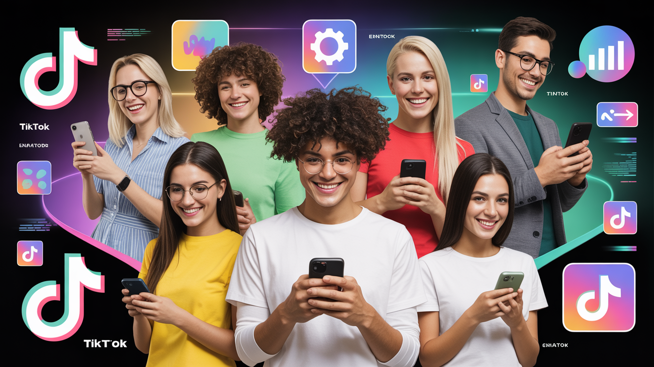 TikTok creators with algorithm-related icons and elements