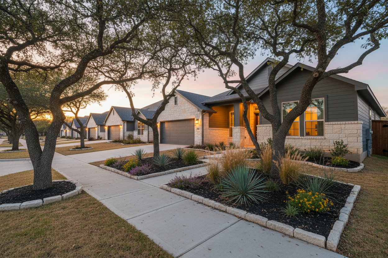 Leander neighborhood at dusk with Texas limestone facades and warm porch lighting