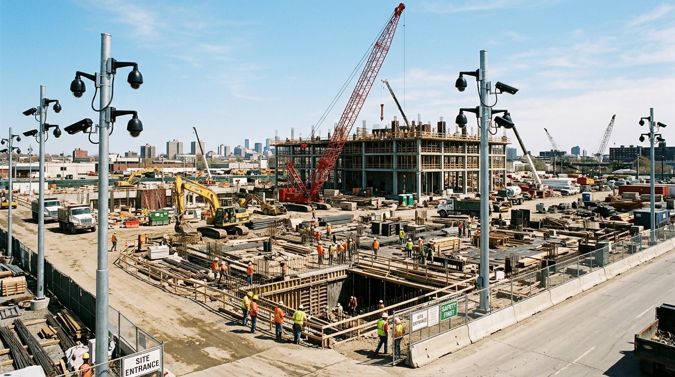 Multiple security cameras on poles overlooking an active construction site with workers and equipment