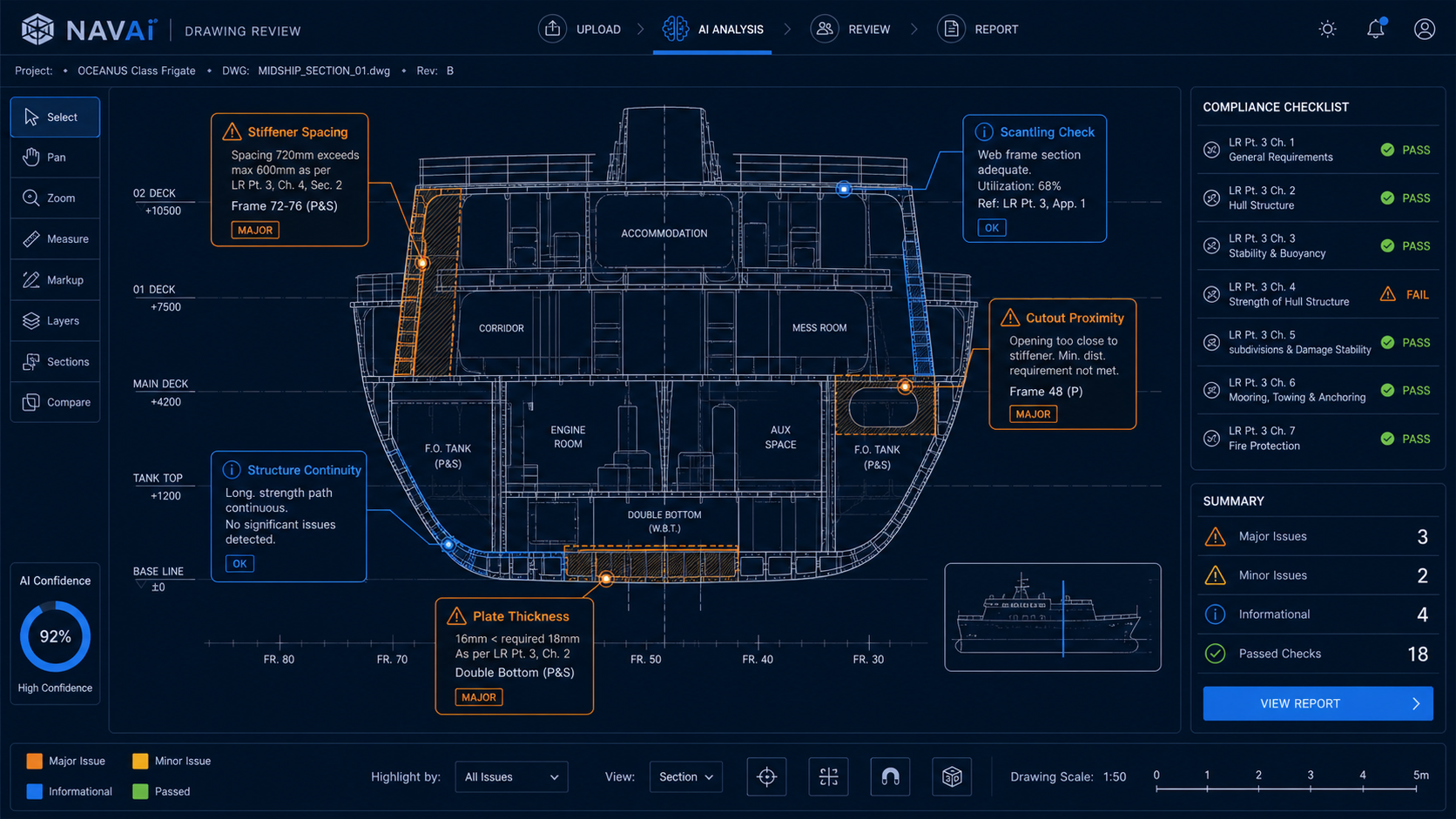ShipWright AI drawing review interface showing naval architecture structural analysis with compliance checks