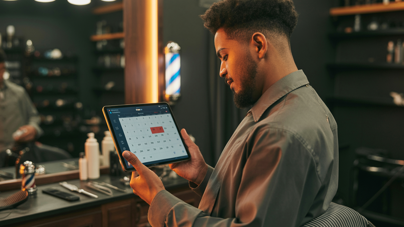 Barber managing their schedule on a tablet using Nearest Cutz
