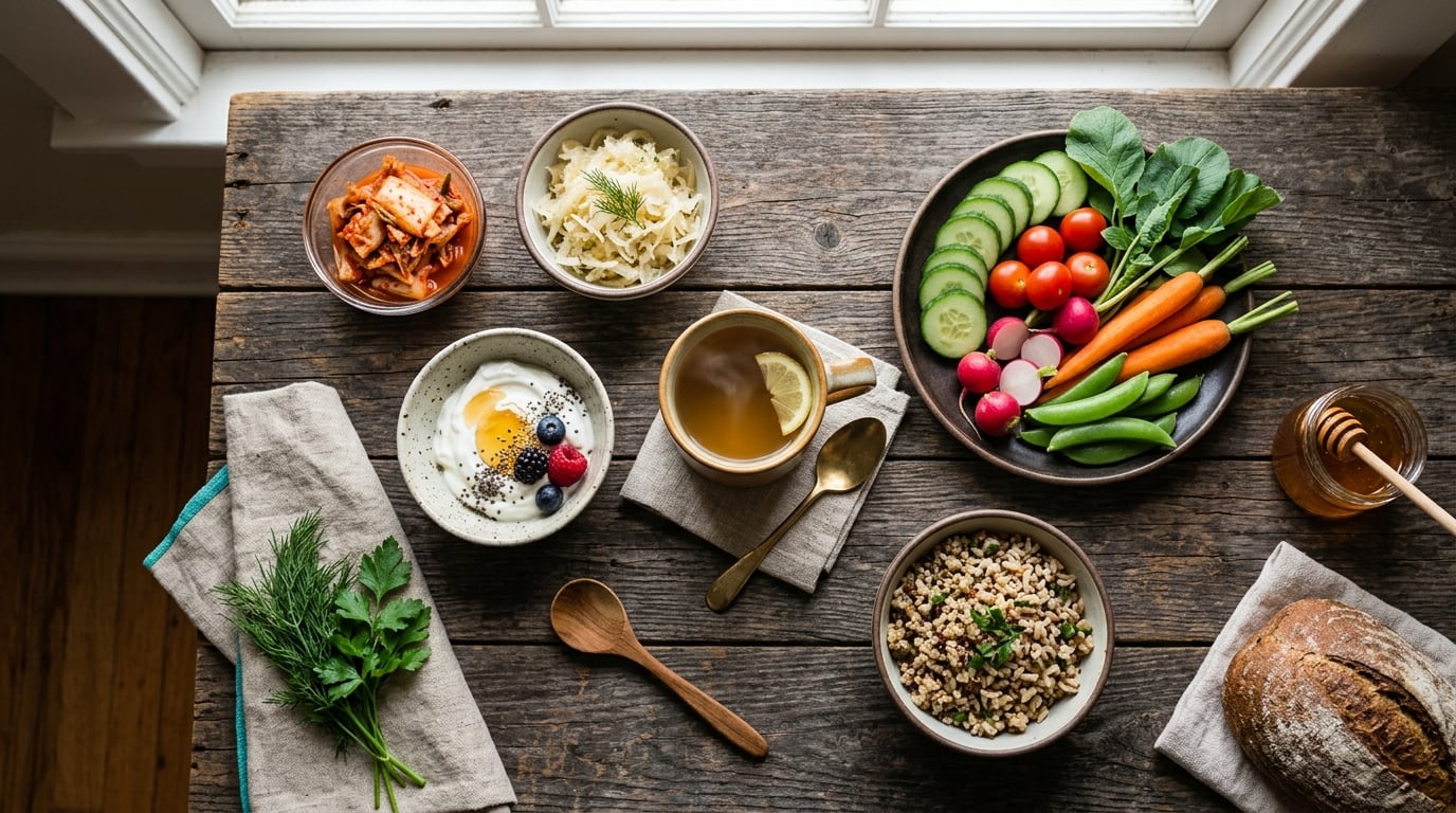Gut-friendly wholefoods and herbal tea arranged calmly, representing a digestive recovery plan
