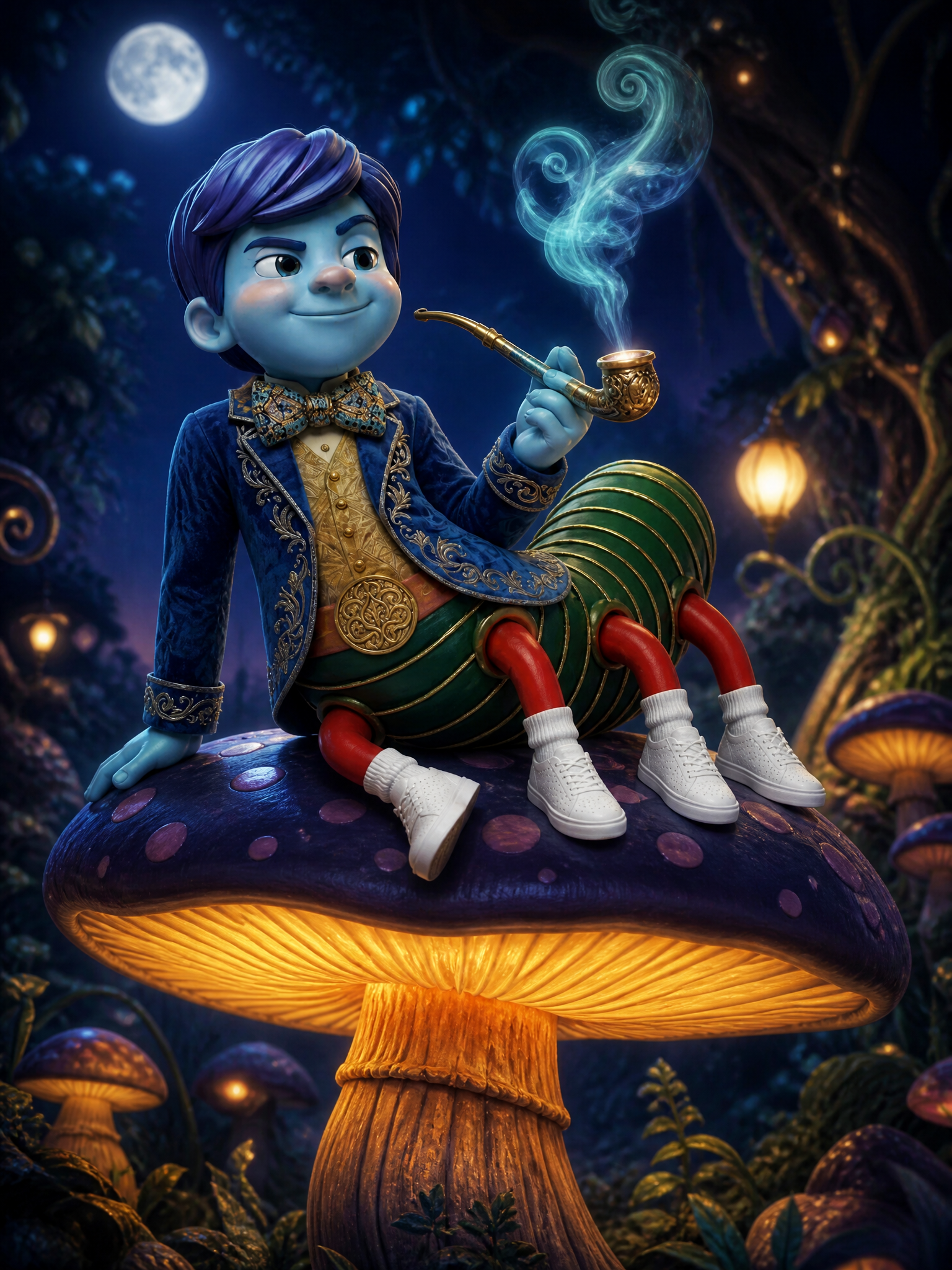 Absslem, the blue-faced Caterpillar Boy, sitting on a glowing mushroom in a moonlit Wonderland forest, smoking a pipe with curling cyan smoke