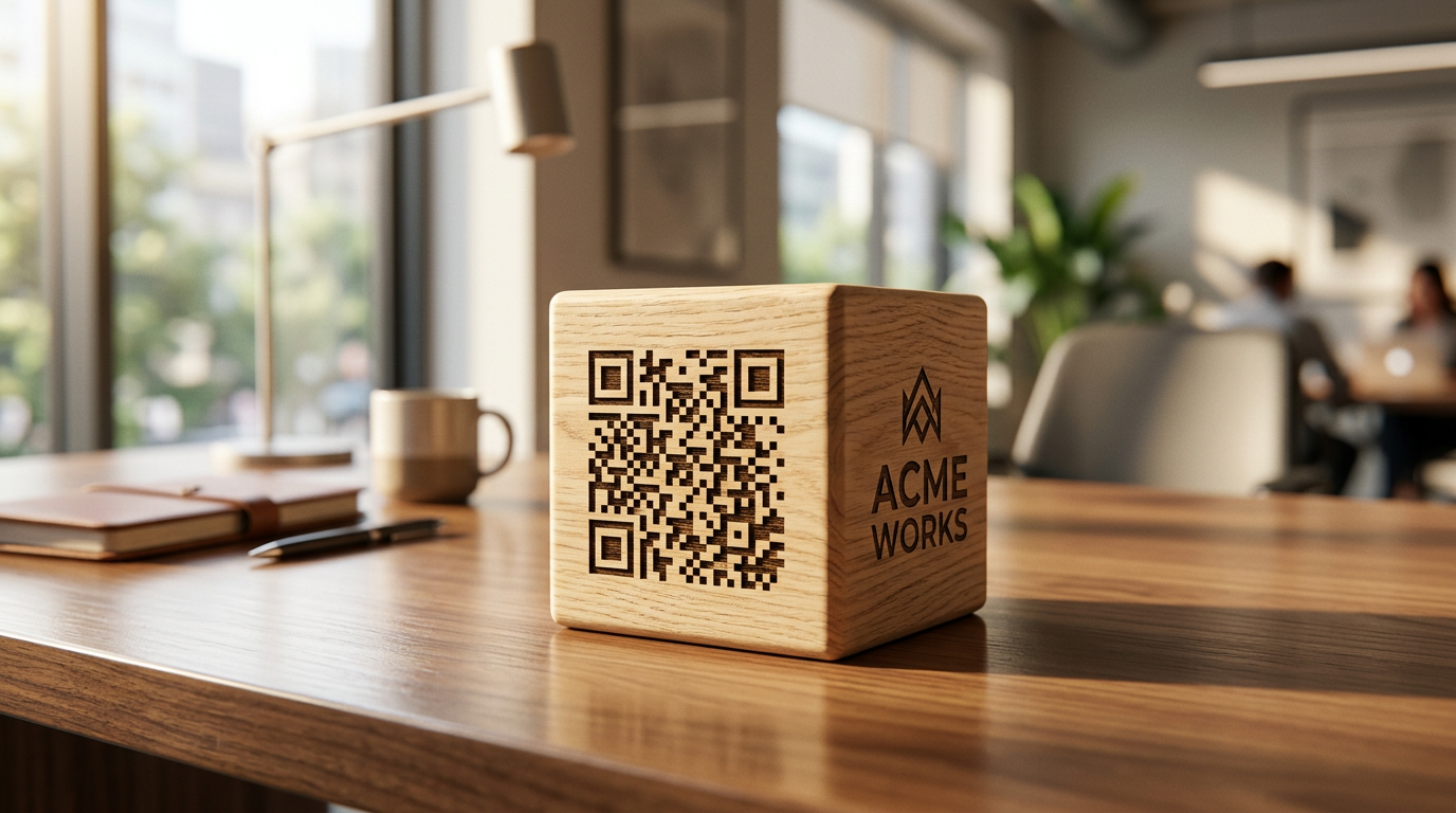 Cubo QR de madera con grabado láser para empresas