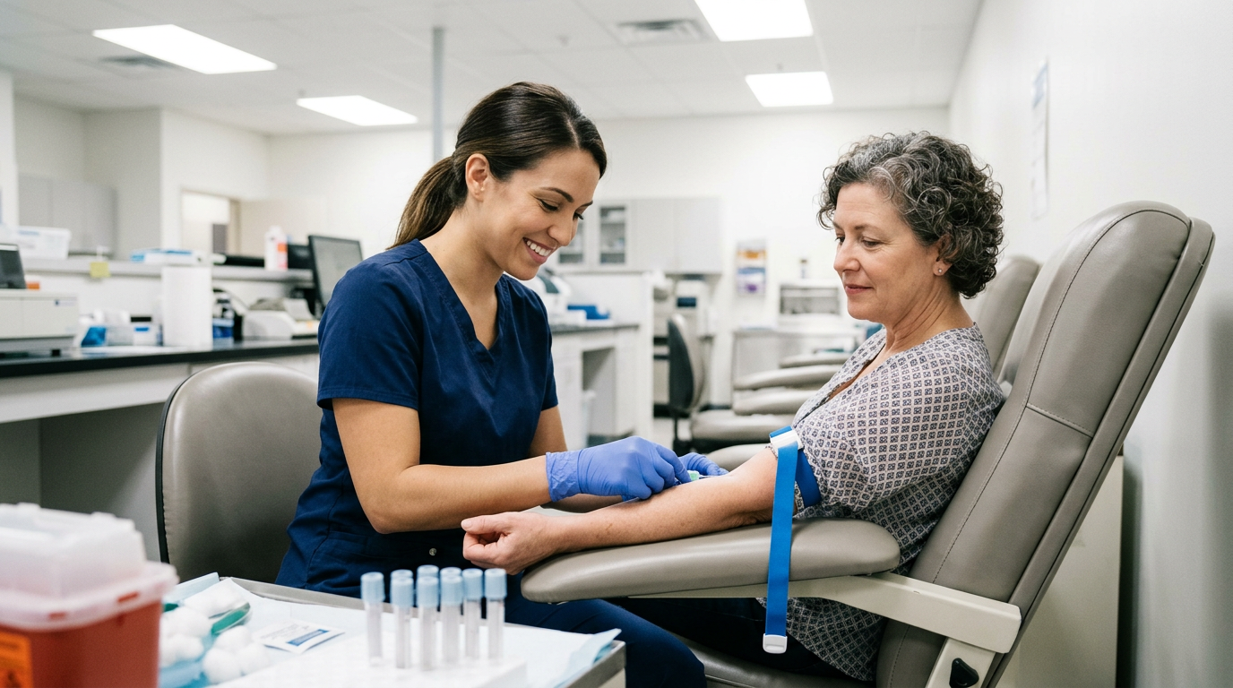 Phlebotomist drawing blood from white female veteran for rheumatoid arthritis laboratory testing