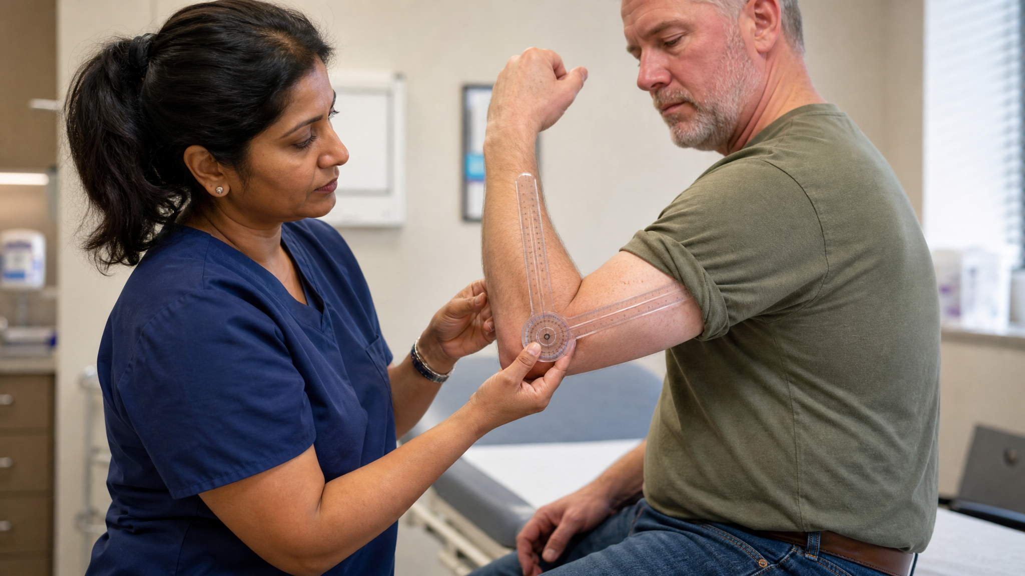 A South Asian female clinician using a goniometer to measure elbow flexion on a seated white male veteran patient in a clinical examination room
