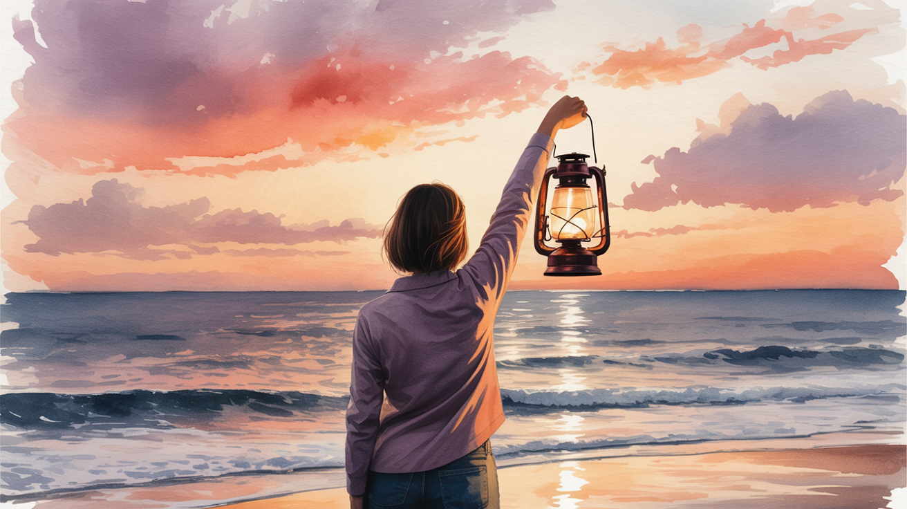 Mujer de espaldas mirando el mar al atardecer con linterna hurricane iluminando el cielo
