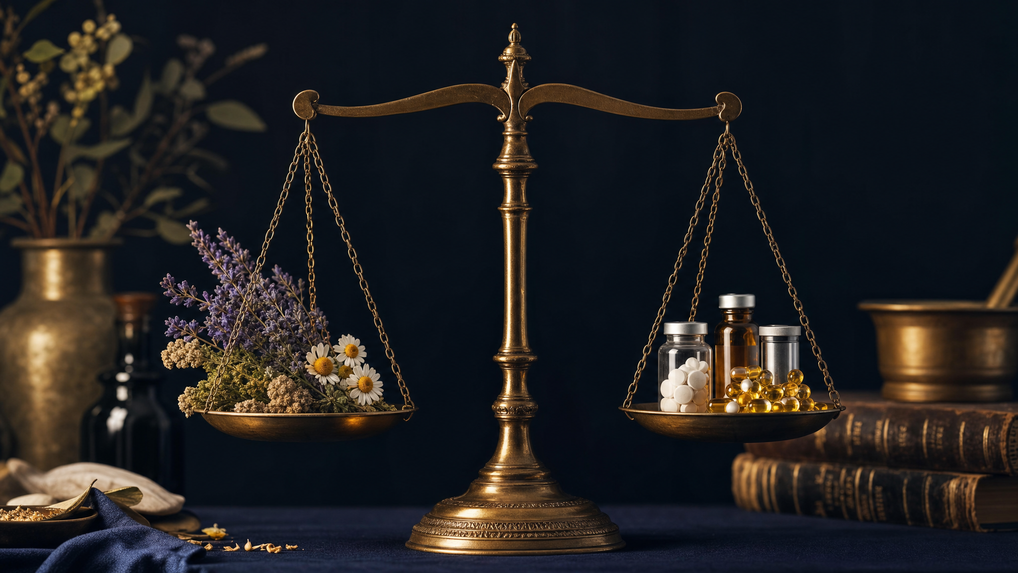 Golden balance scale with natural healing herbs and modern medicine