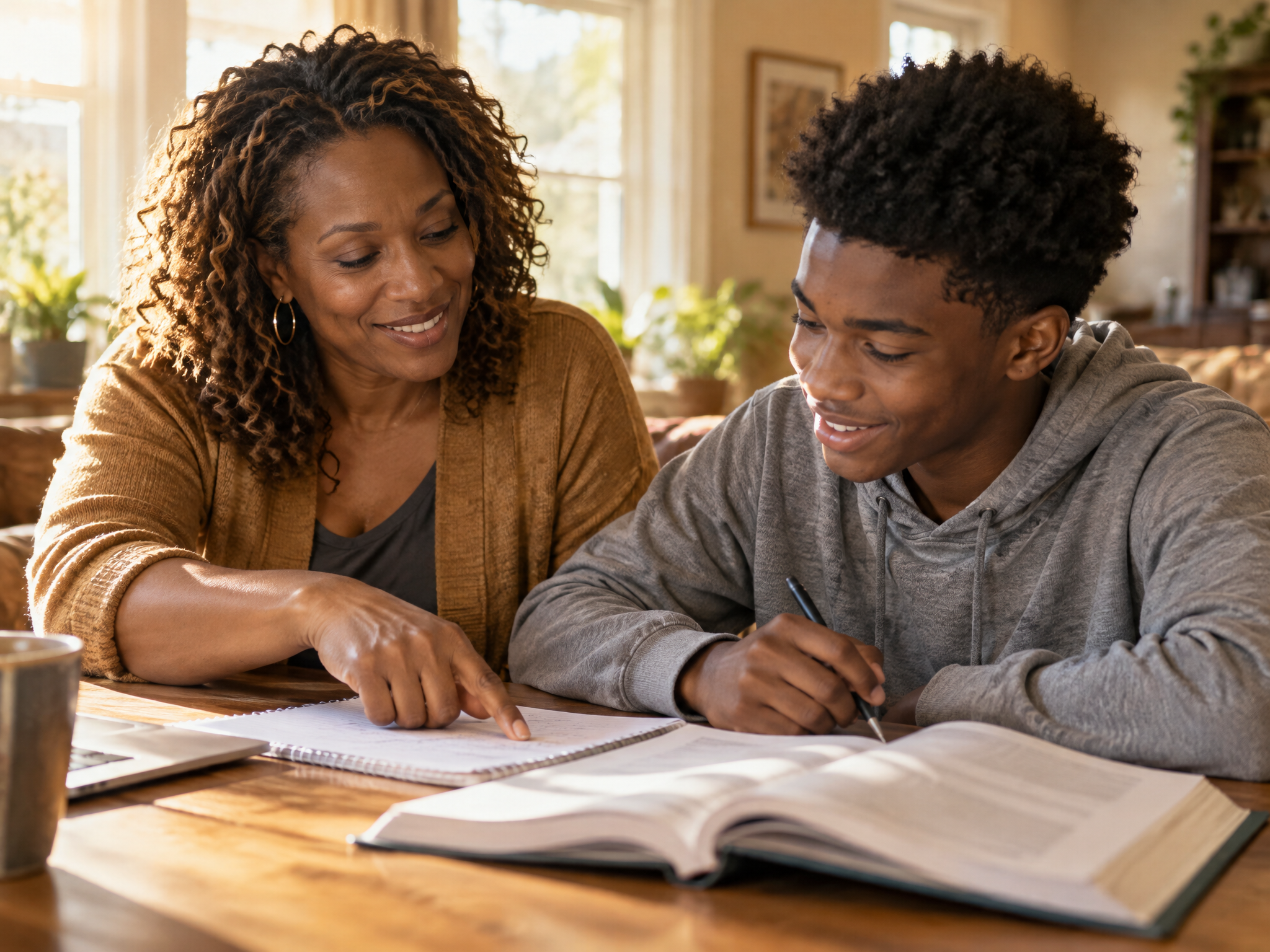 African American mentor helping a teenage boy with homework