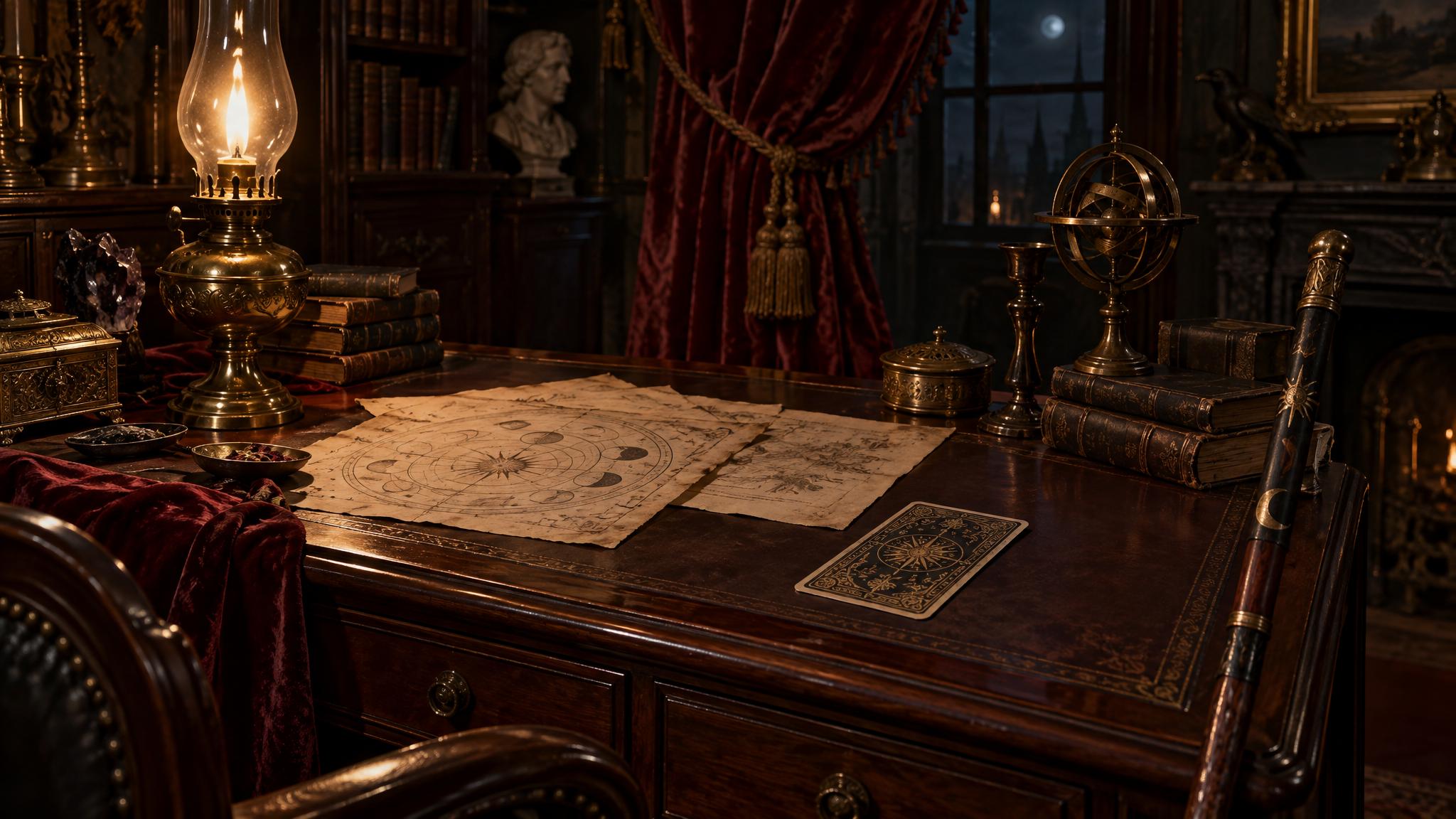 A Victorian study with ritual papers, a lamp and bound notebooks on a dark desk