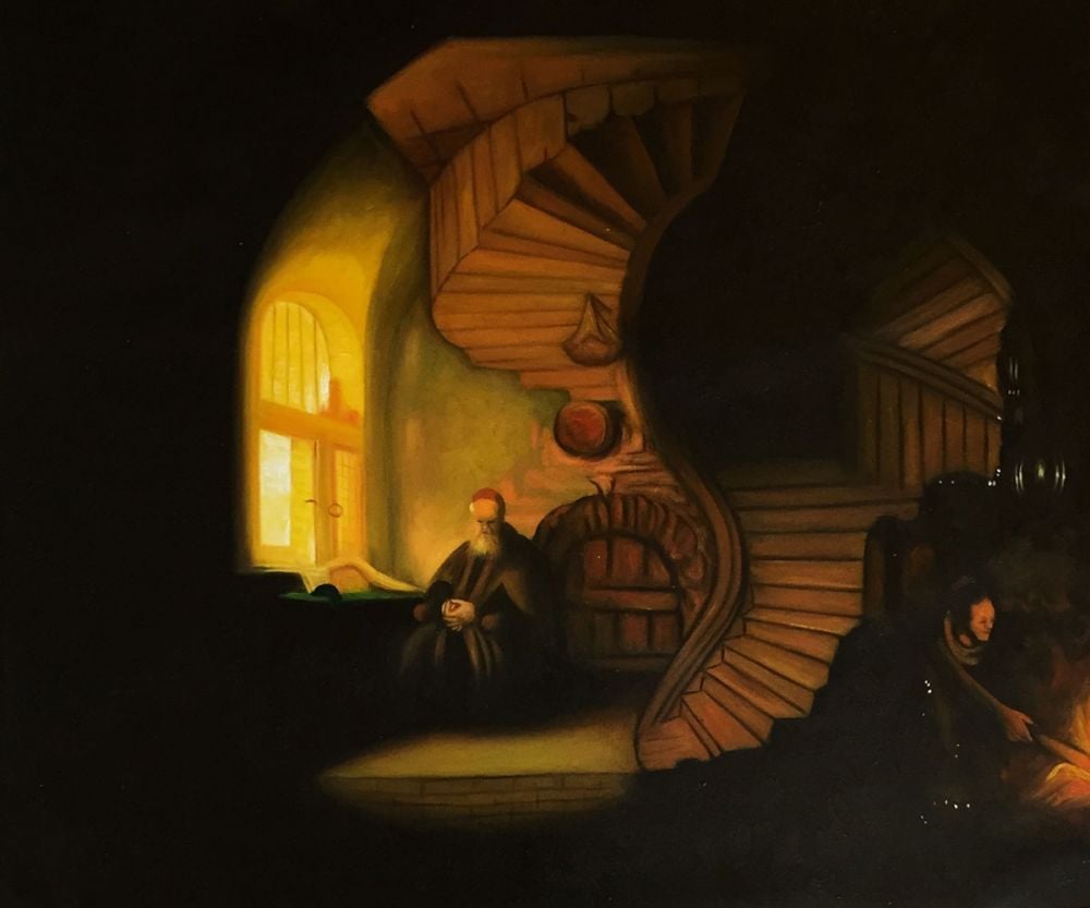 Rembrandt, Philosopher in Meditation, 1632: a scholar seated by a window beside a spiral staircase
