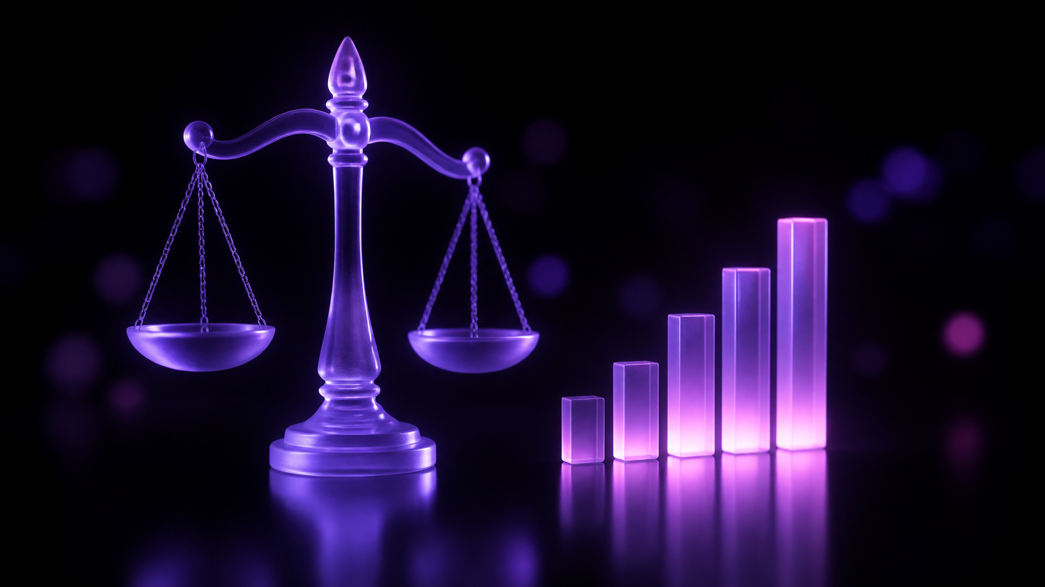A translucent violet frosted-glass balance scale beside a rising glowing bar chart in the dark
