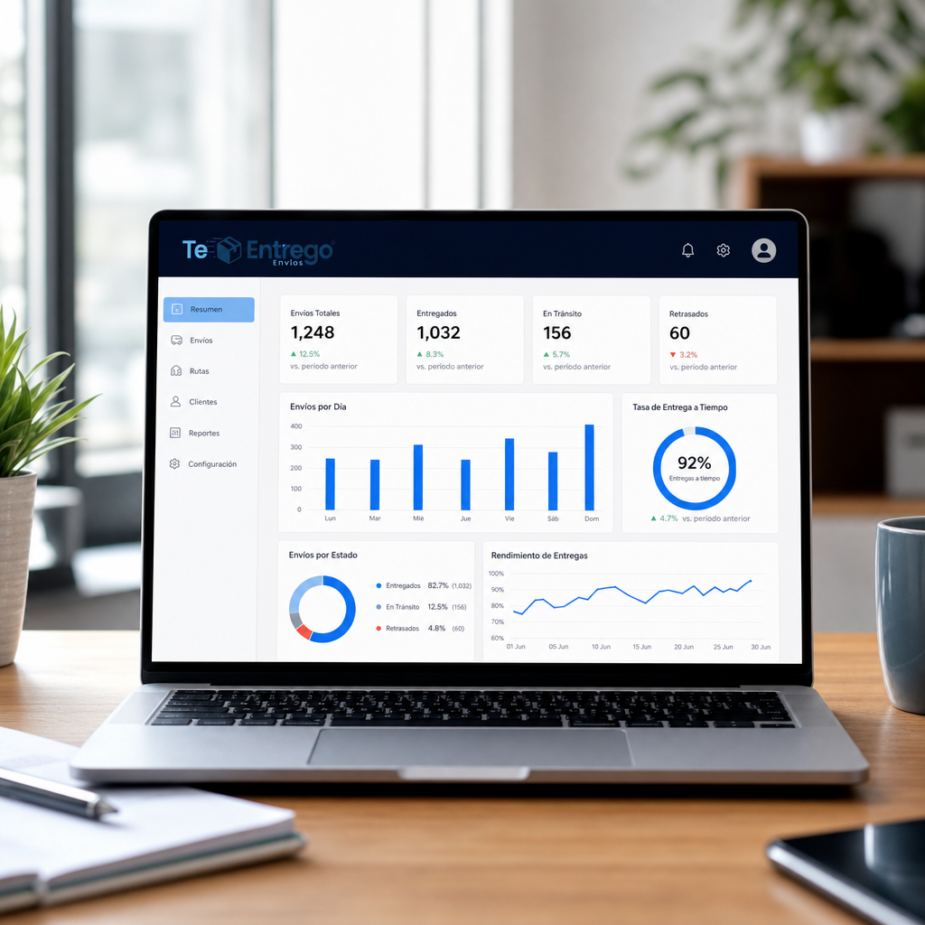 Dashboard de reportes logísticos de Te Entrego en un portátil