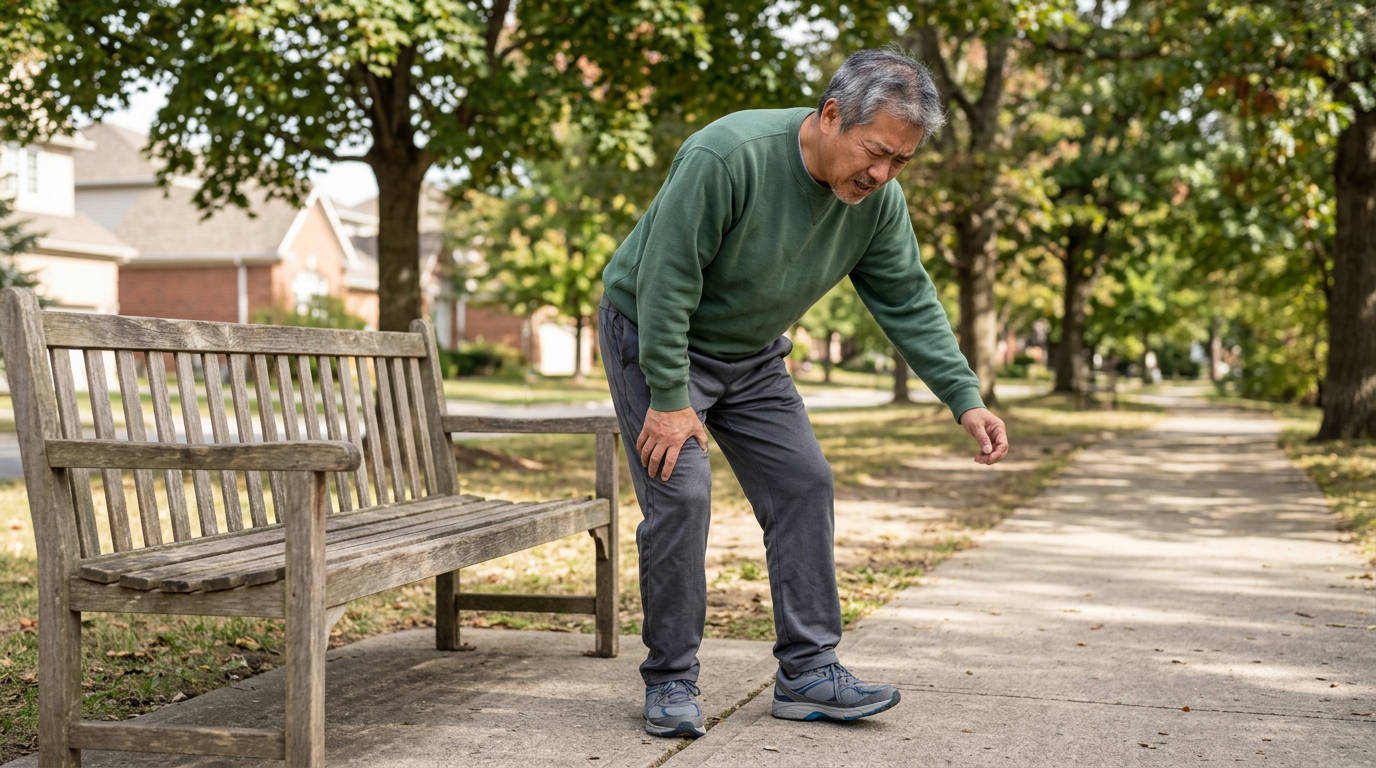 Asian male veteran in his 50s stopped mid-walk on a sidewalk leaning on a bench for support with visible foot discomfort