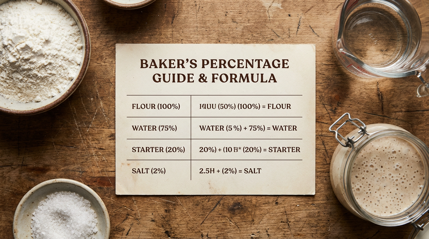 Baker percentage reference chart surrounded by flour bowl, water jug, starter jar and salt dish on wooden counter