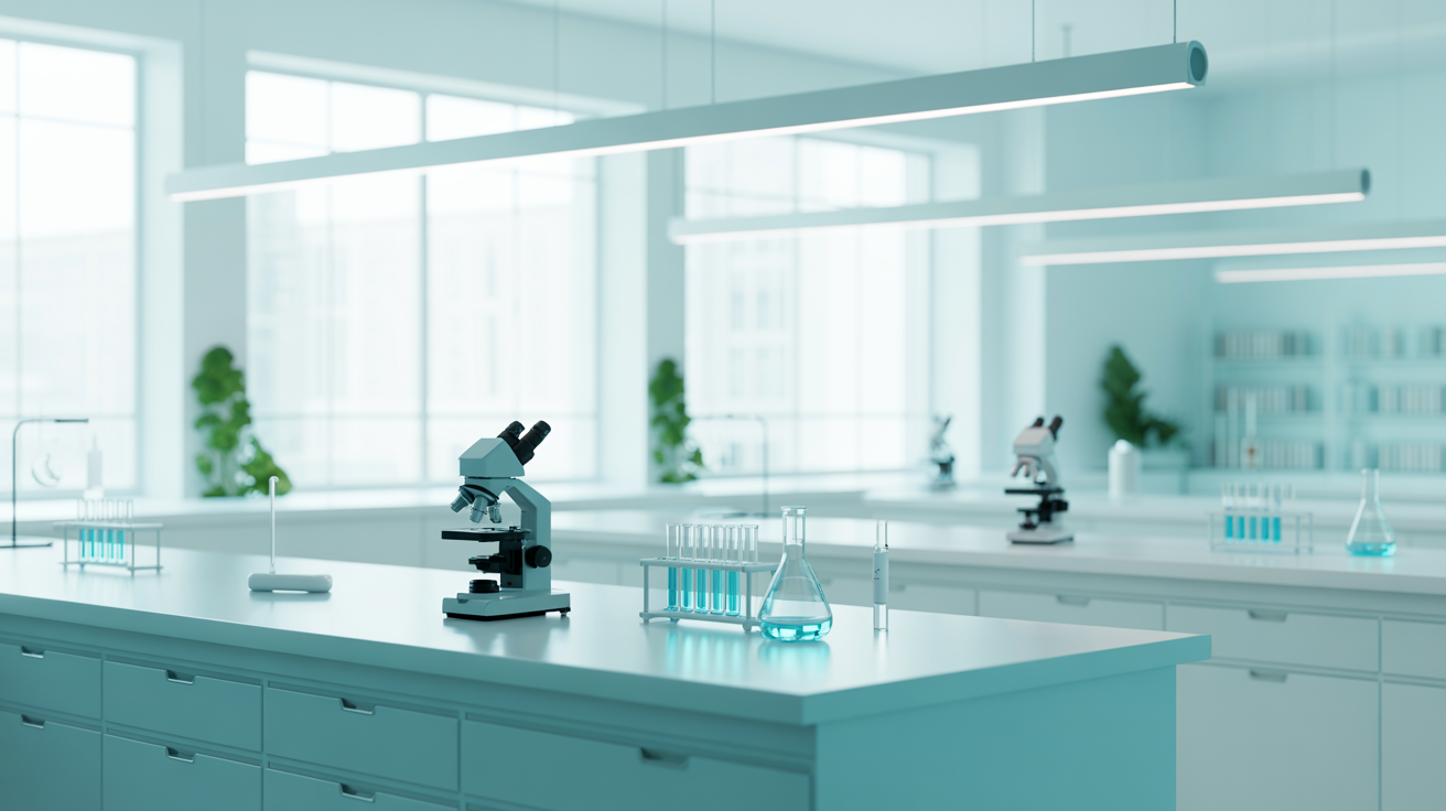 Clean modern scientific laboratory with teal and white color scheme representing evidence-based wellness research