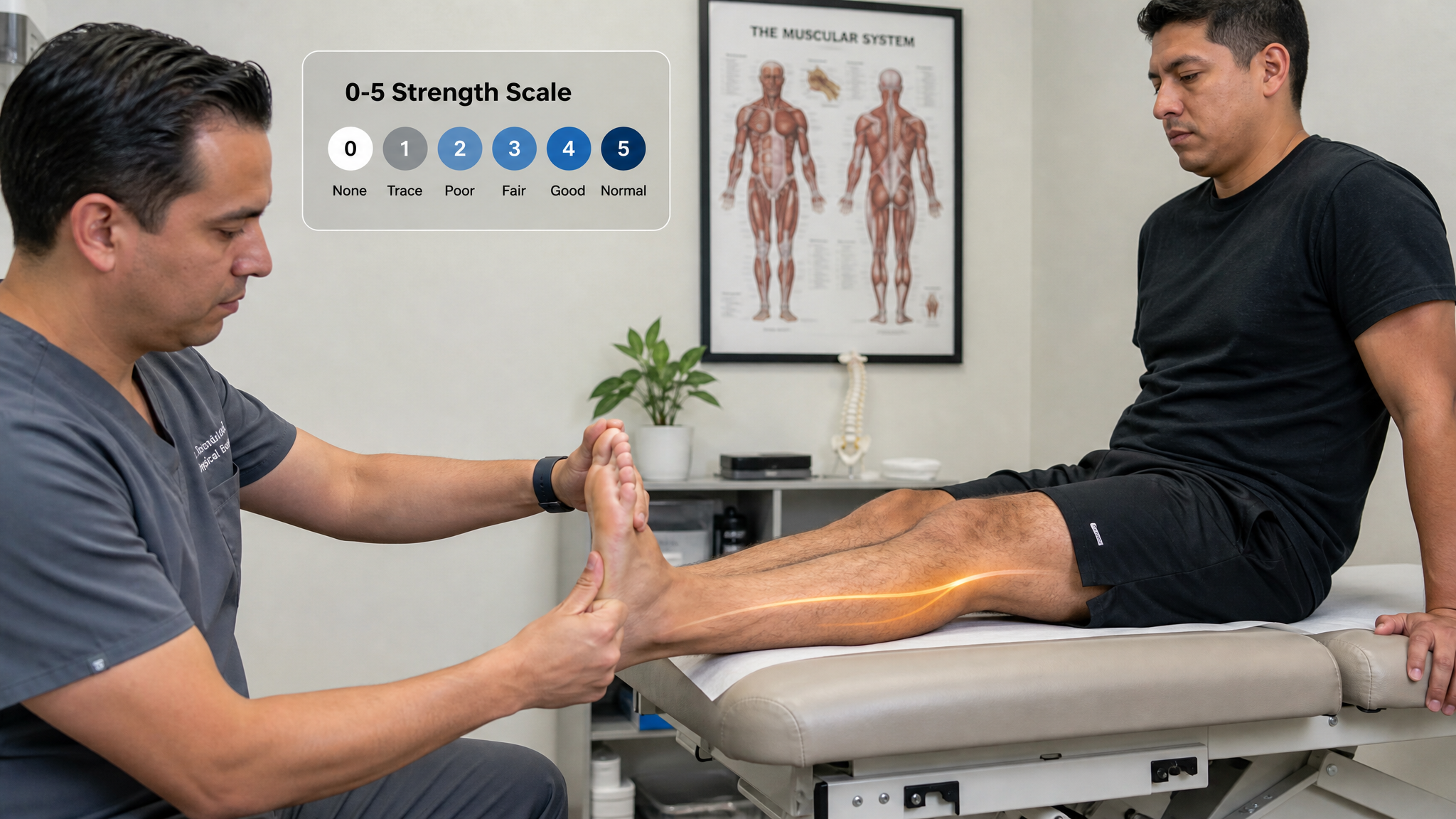 Clinician performing manual muscle strength testing on a Hispanic man's foot and ankle, resisting ankle dorsiflexion and great-toe extension with a 0-to-5 strength-scale label