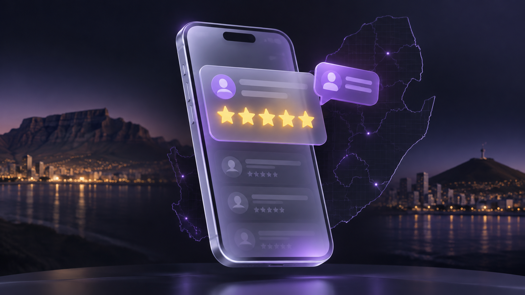 A frosted glass smartphone screen displaying glowing gold star ratings and a violet review notification, floating in the dark against a faint South African map grid