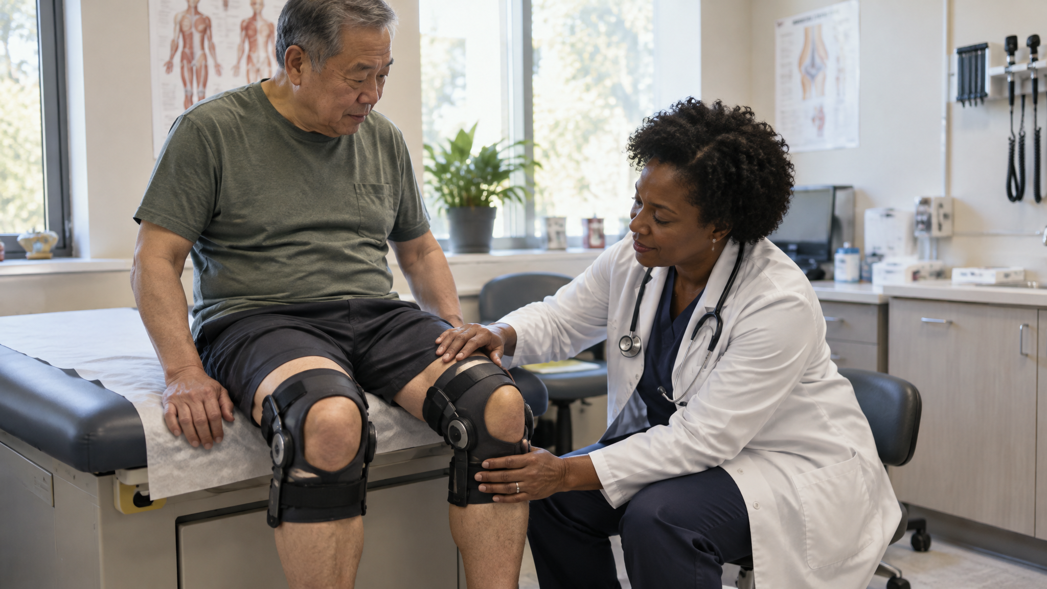 Other factors that affect your rating: a doctor examining a veteran with braces on both knees, the bilateral factor