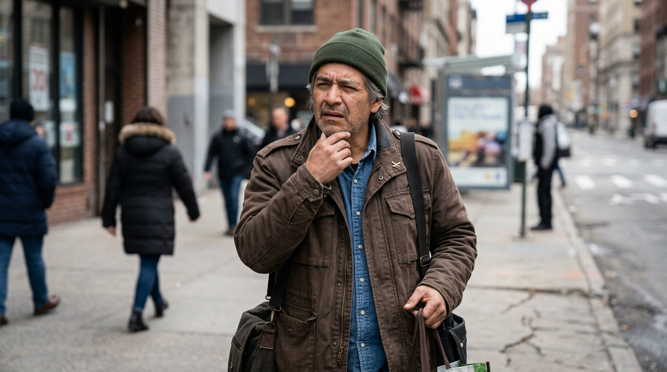 A Hispanic male veteran in his fifties standing on a city street looking disoriented and unsure of his surroundings, representing confusion about time and place after a traumatic brain injury