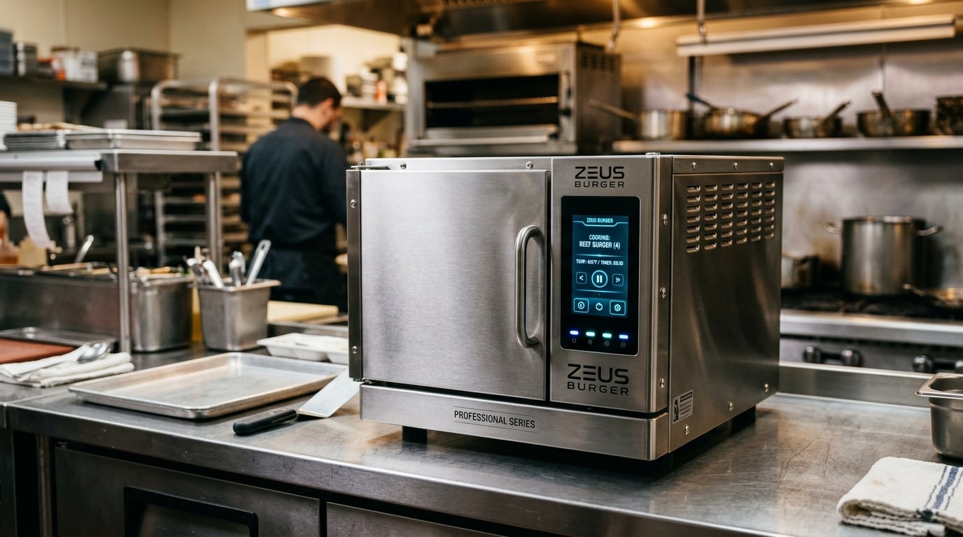 Zeus Burger commercial electric field cooking system in a professional restaurant kitchen