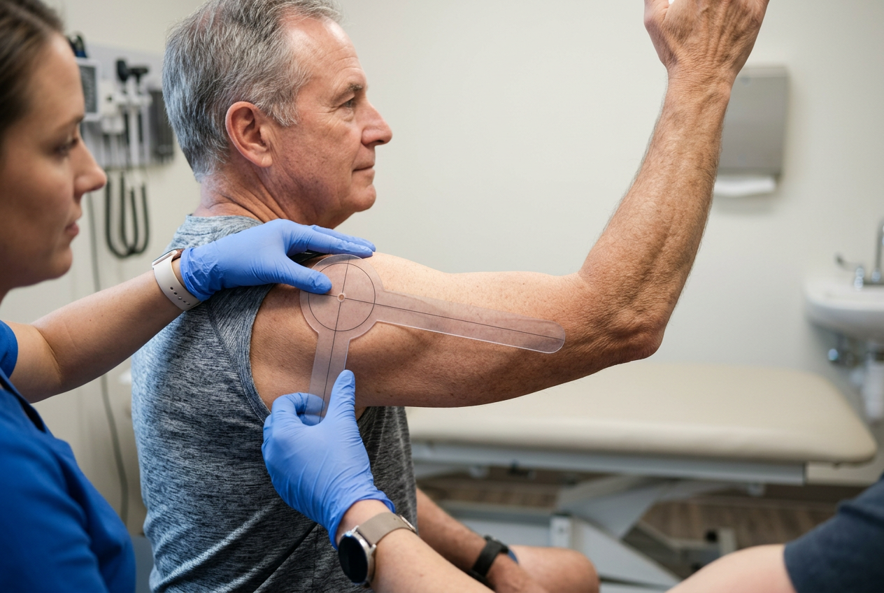 A close-up of a clinician placing a goniometer on a veteran's shoulder to measure the exact degree of arm elevation