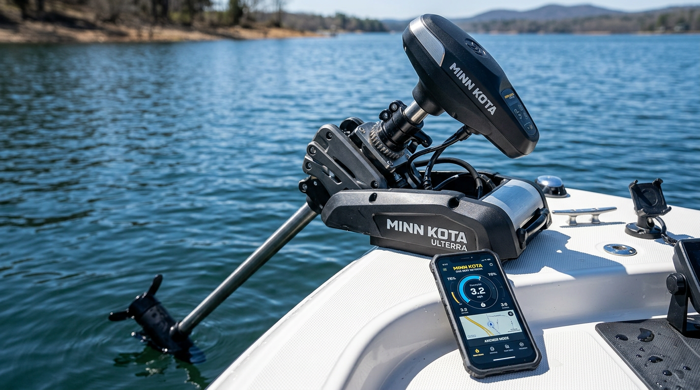 Close-up of a Minn Kota Ulterra trolling motor auto stow and deploy mechanism with a smartphone showing a boat control app