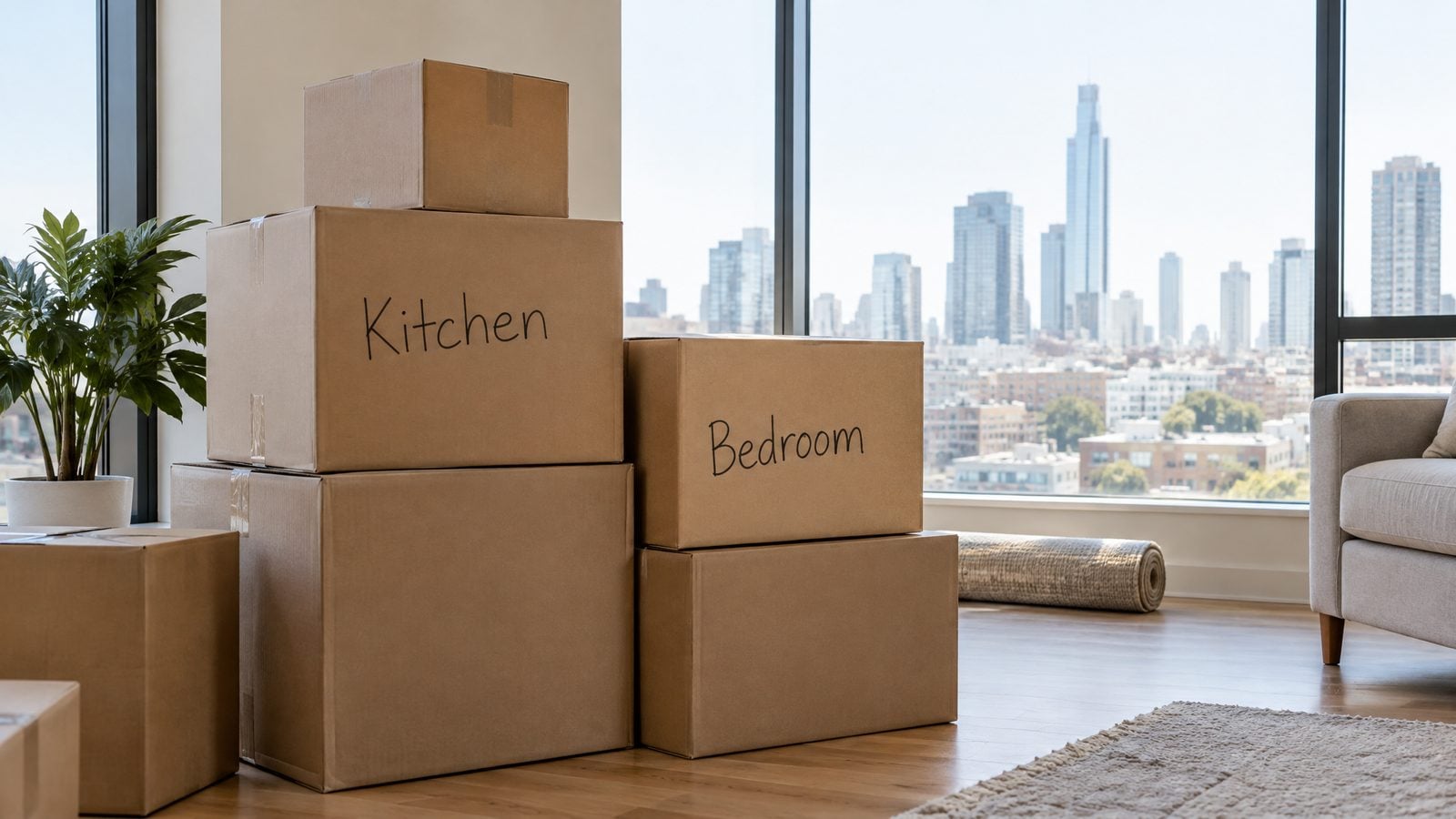 Labeled moving boxes in an apartment with a city view