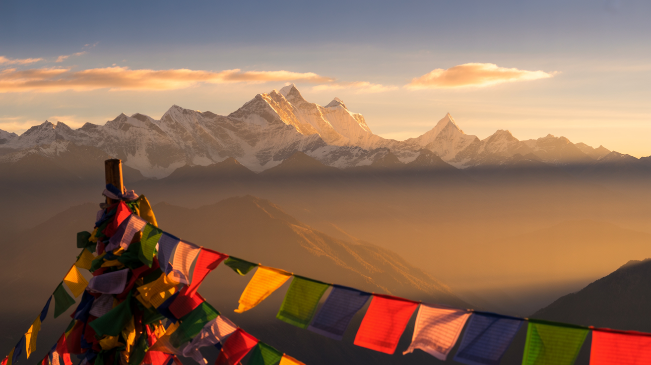 Himalaya Panorama mit Gebetsfahnen bei Sonnenaufgang