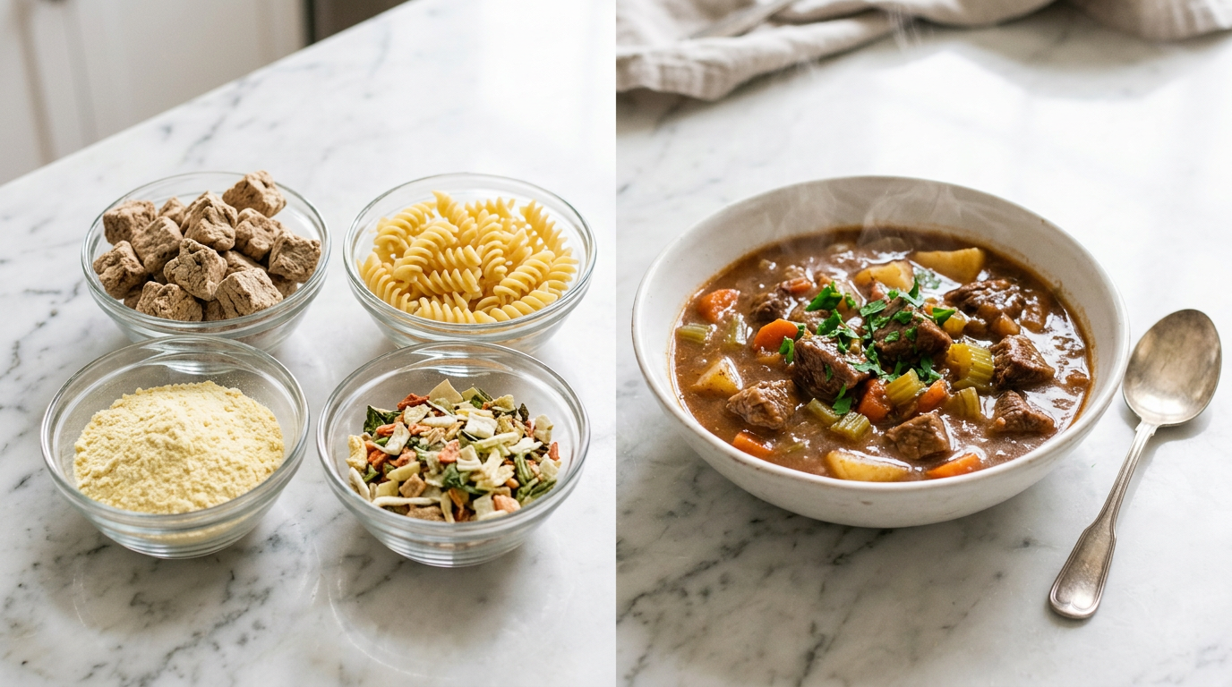 Freeze dried complete meals shown as dry ingredients next to a rehydrated hot meal