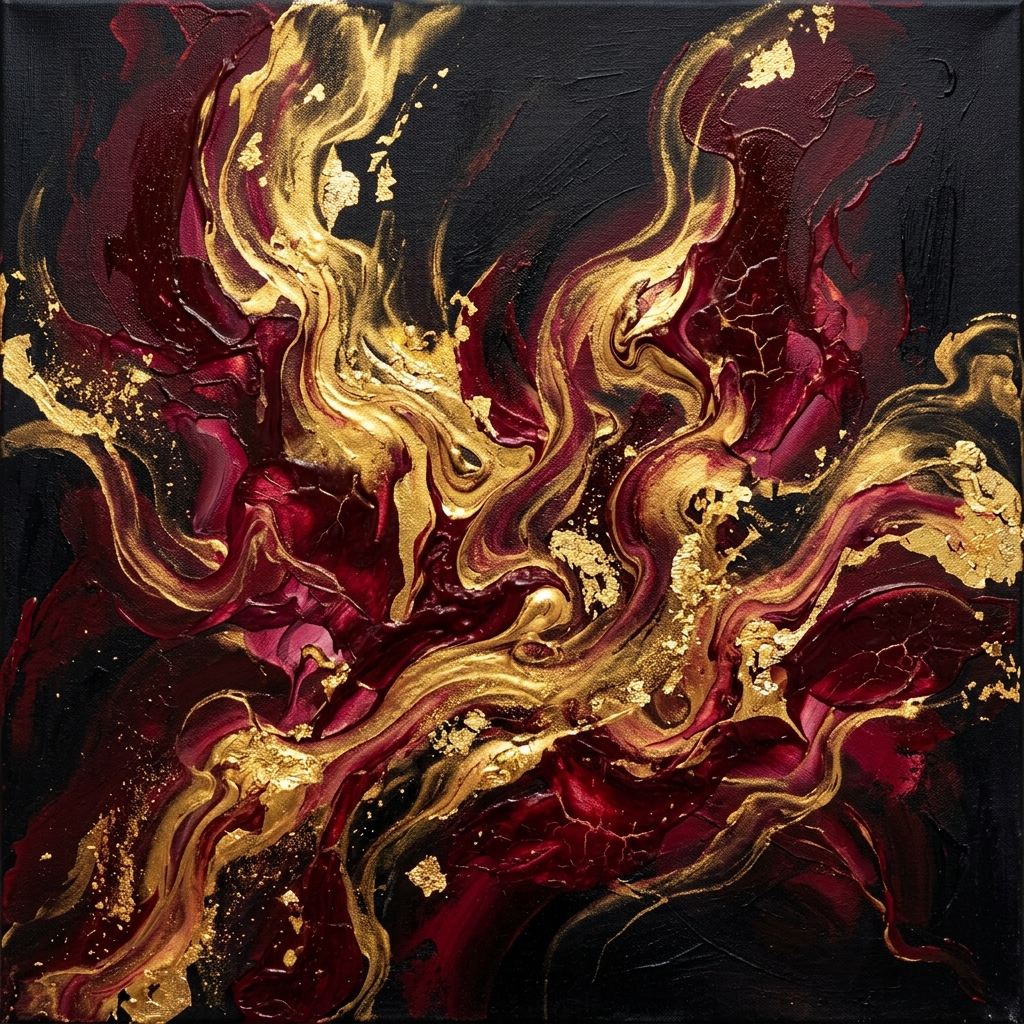 Abstract gold and crimson textures evoking creative transformation