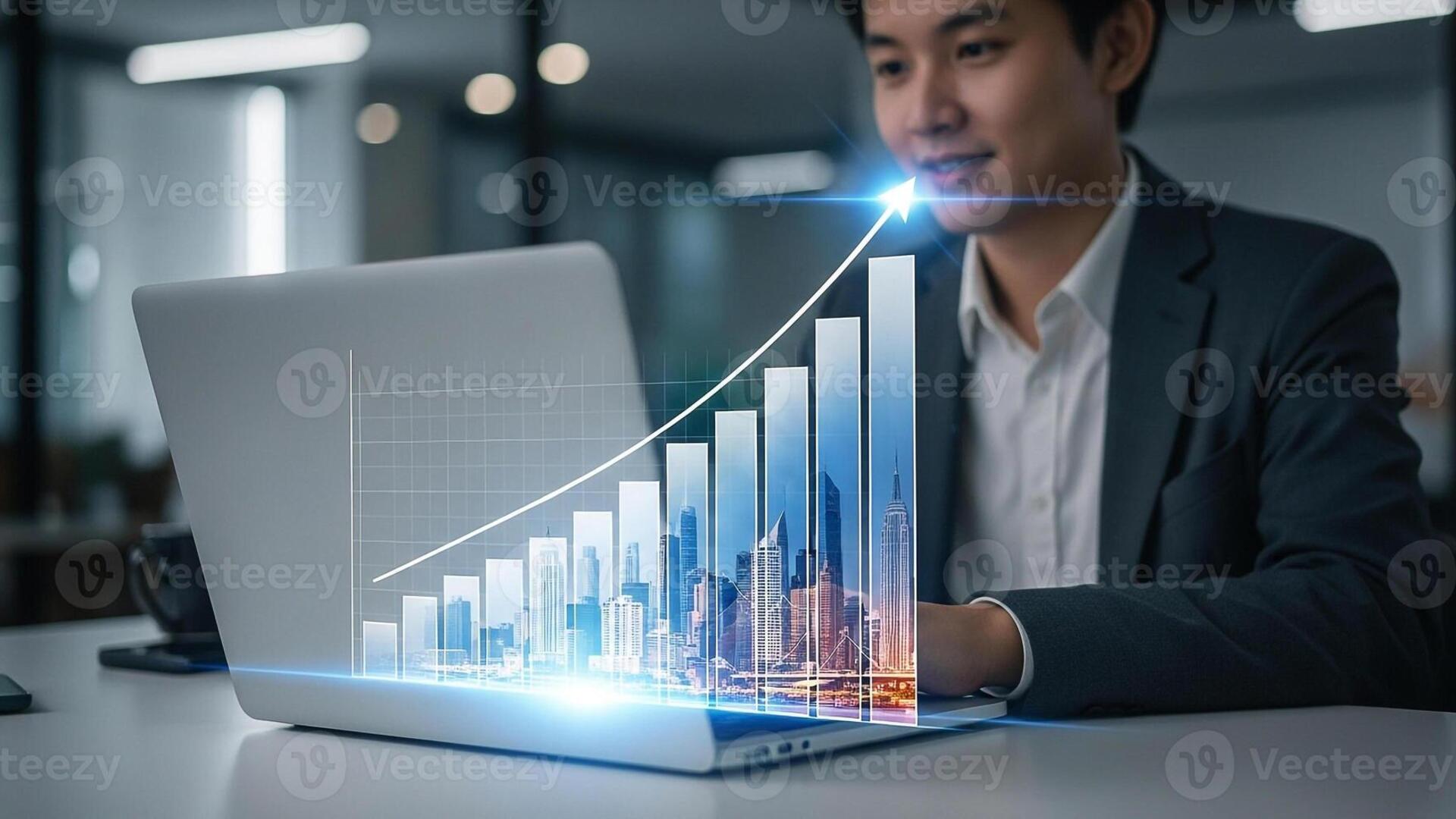 Businessman analyzing growth chart on laptop celebrating success