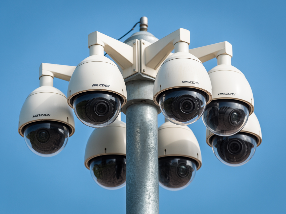 Professional PTZ dome security cameras mounted on surveillance tower mast