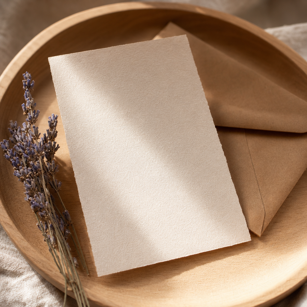 Etiquetas e detalhes de papelaria em tons neutros