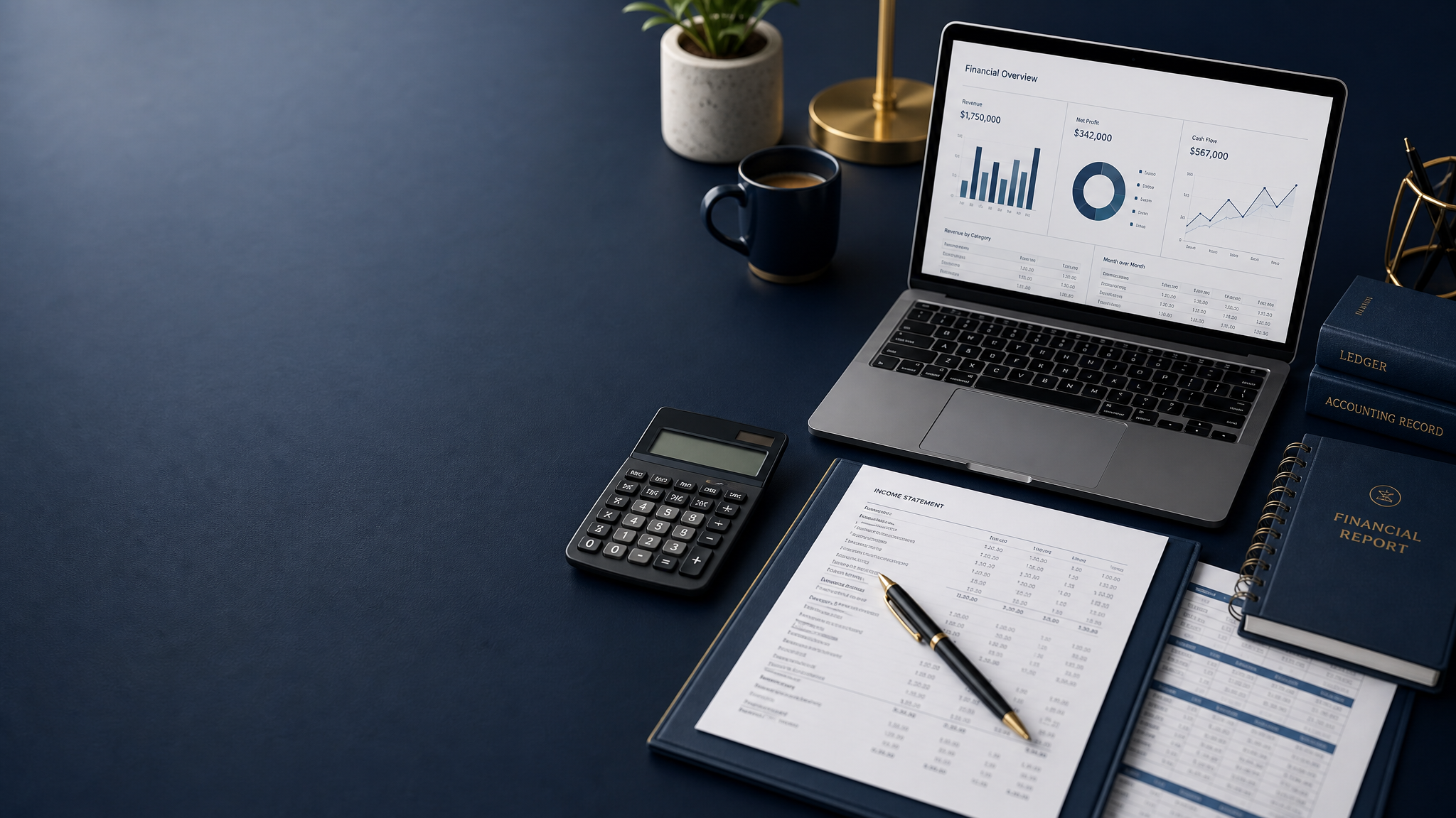 Professional bookkeeping workspace with financial documents and laptop