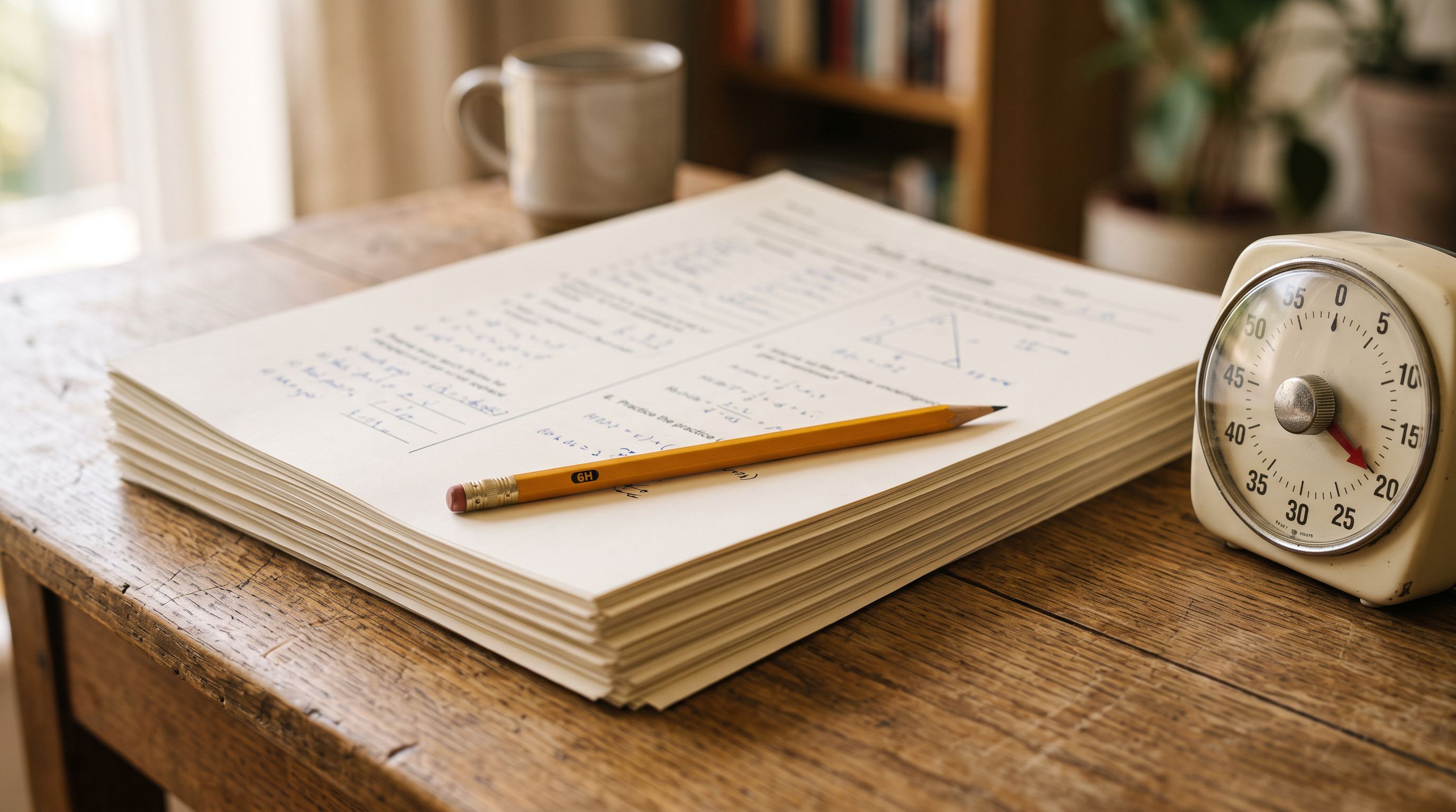 Stack of Kumon daily practice worksheets with pencil and timer showing how the Kumon Method works