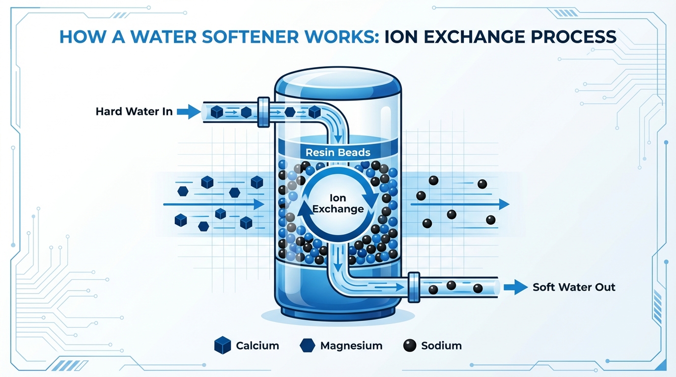 Infographic showing how water softeners work through ion exchange to remove hard minerals