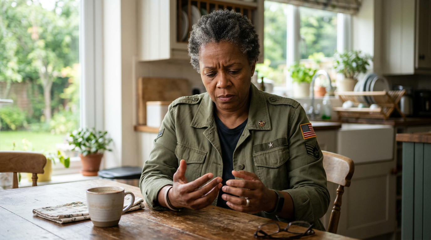 Black female veteran in her 50s at a kitchen table looking with concern at her numb, tingling hands