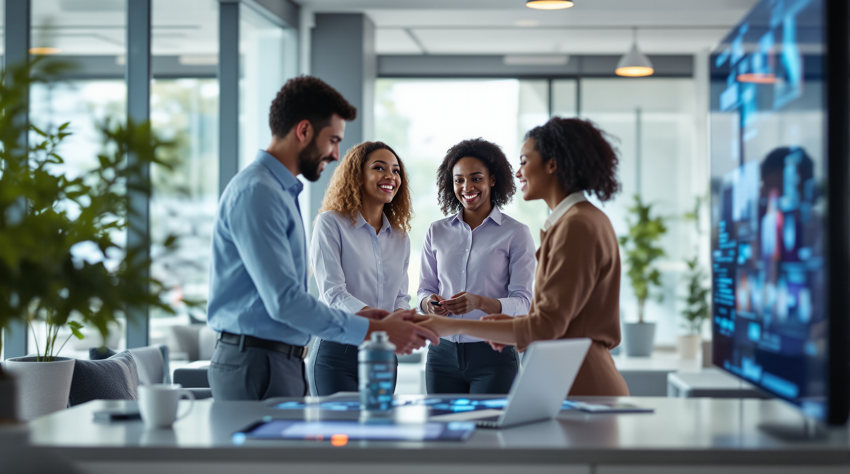 Tim ljudi sarađuje u modernoj kancelariji koristeći digitalne alate za komunikaciju i rad na daljinu