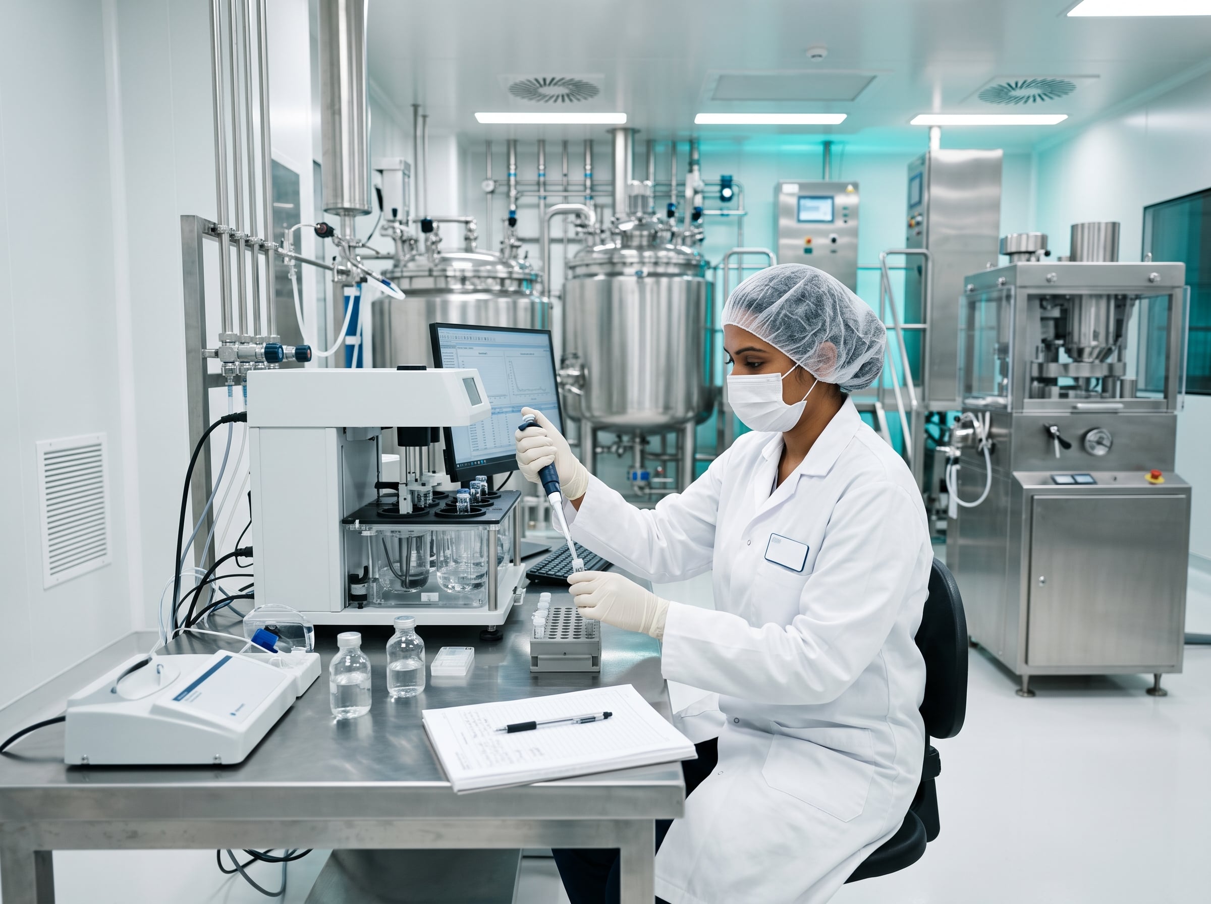 Technician in white coat and gloves carrying out quality control in a clean supplement production facility