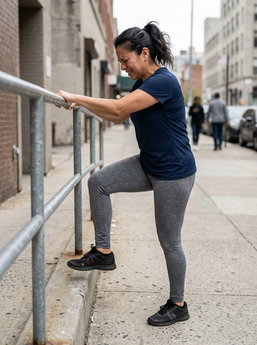Hispanic female veteran in her 40s grimacing while attempting to step up onto a curb gripping a railing for support