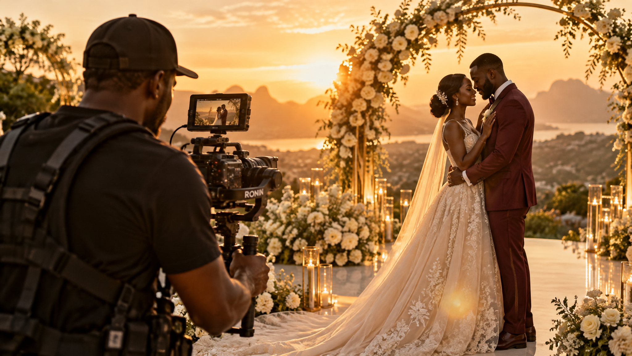 Cinematic wedding videographer filming a couple at sunset near Bulawayo