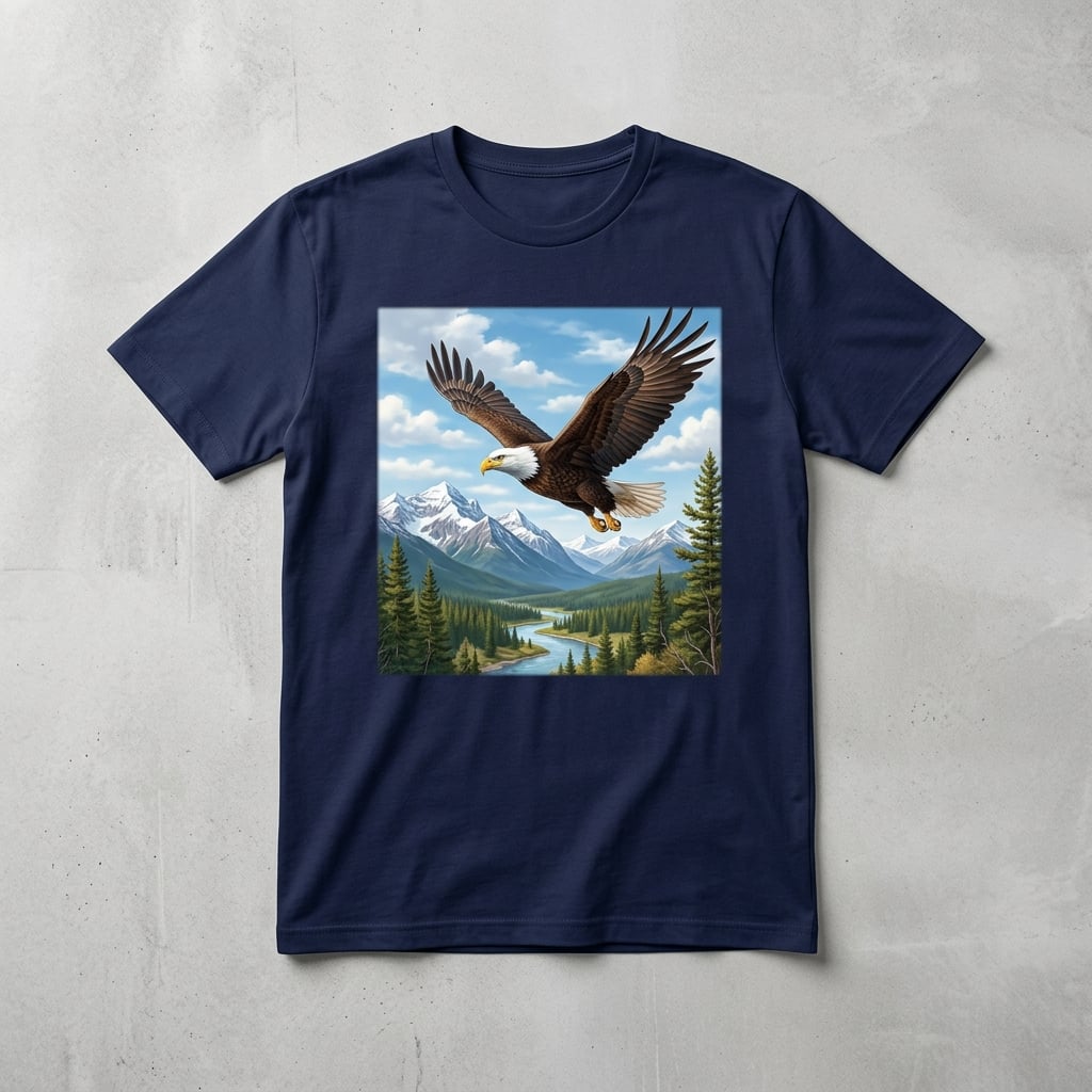 Detailed eagle nature scene DTF transfer on navy blue t-shirt