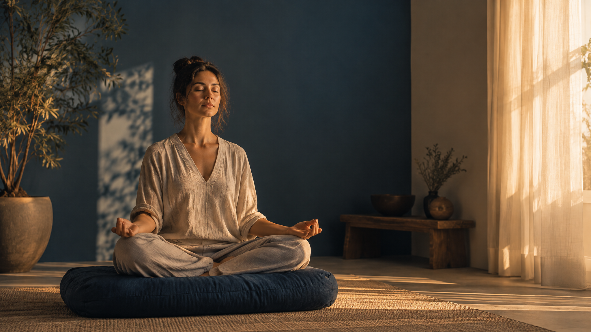 Pessoa meditando em espaço minimalista com expressão serena