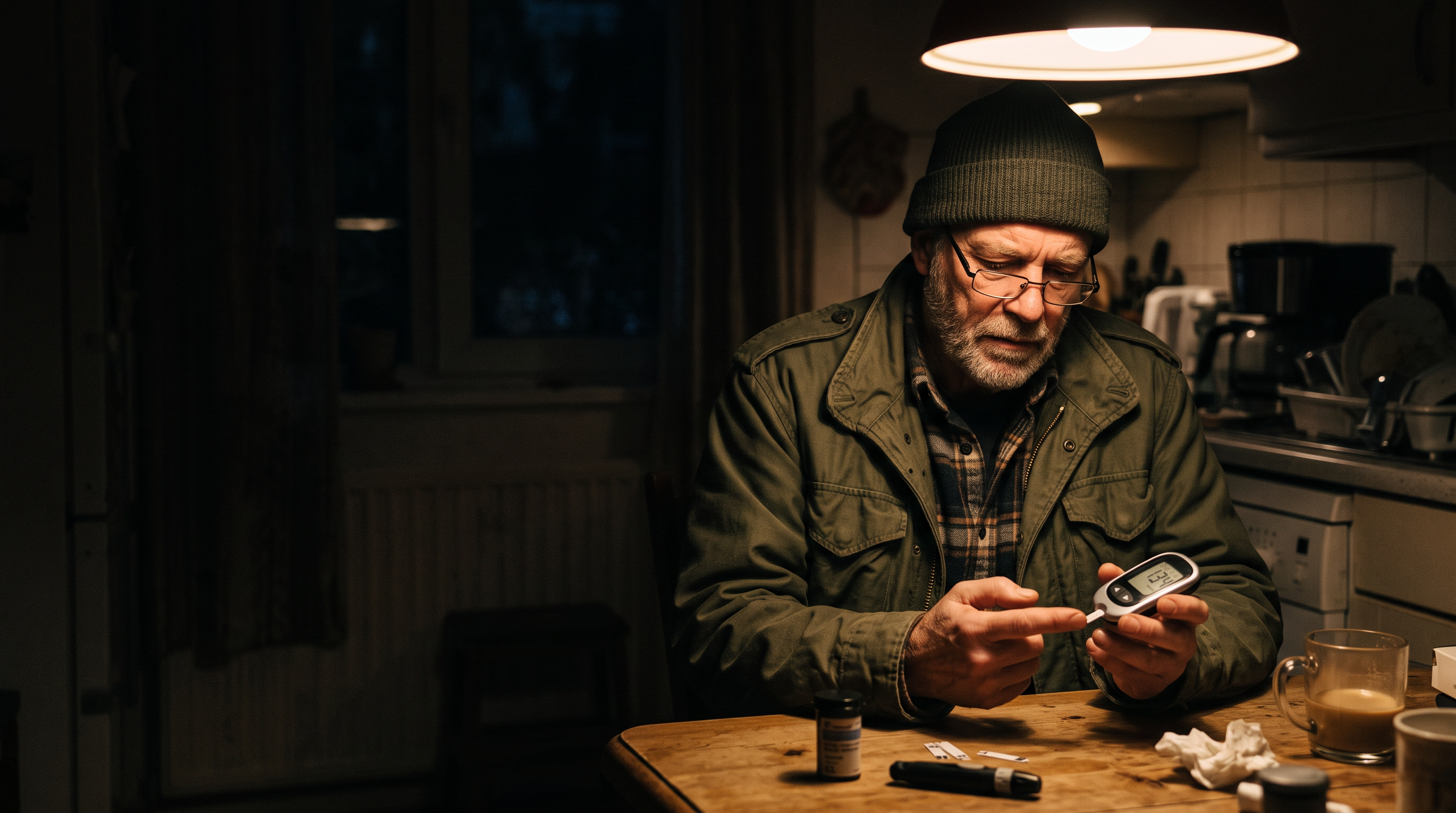 An older veteran in a knit cap checking his blood sugar at his kitchen table