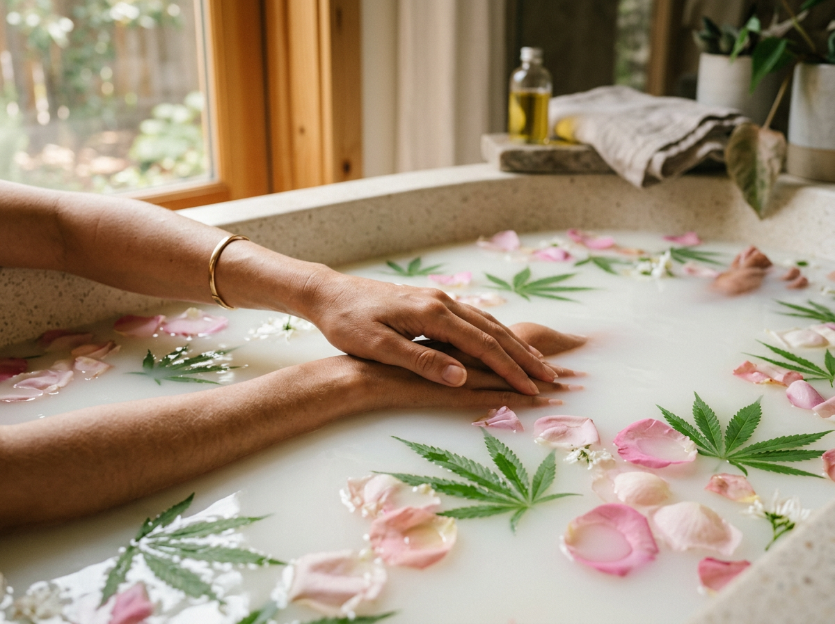 Relaxing CBD botanical bath with hemp leaves and flower petals floating on milky water