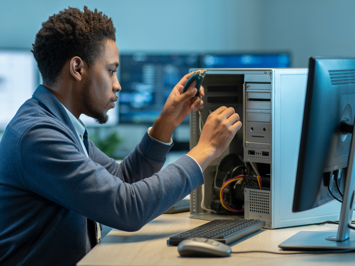 Professional IT technician working on computer hardware in modern office