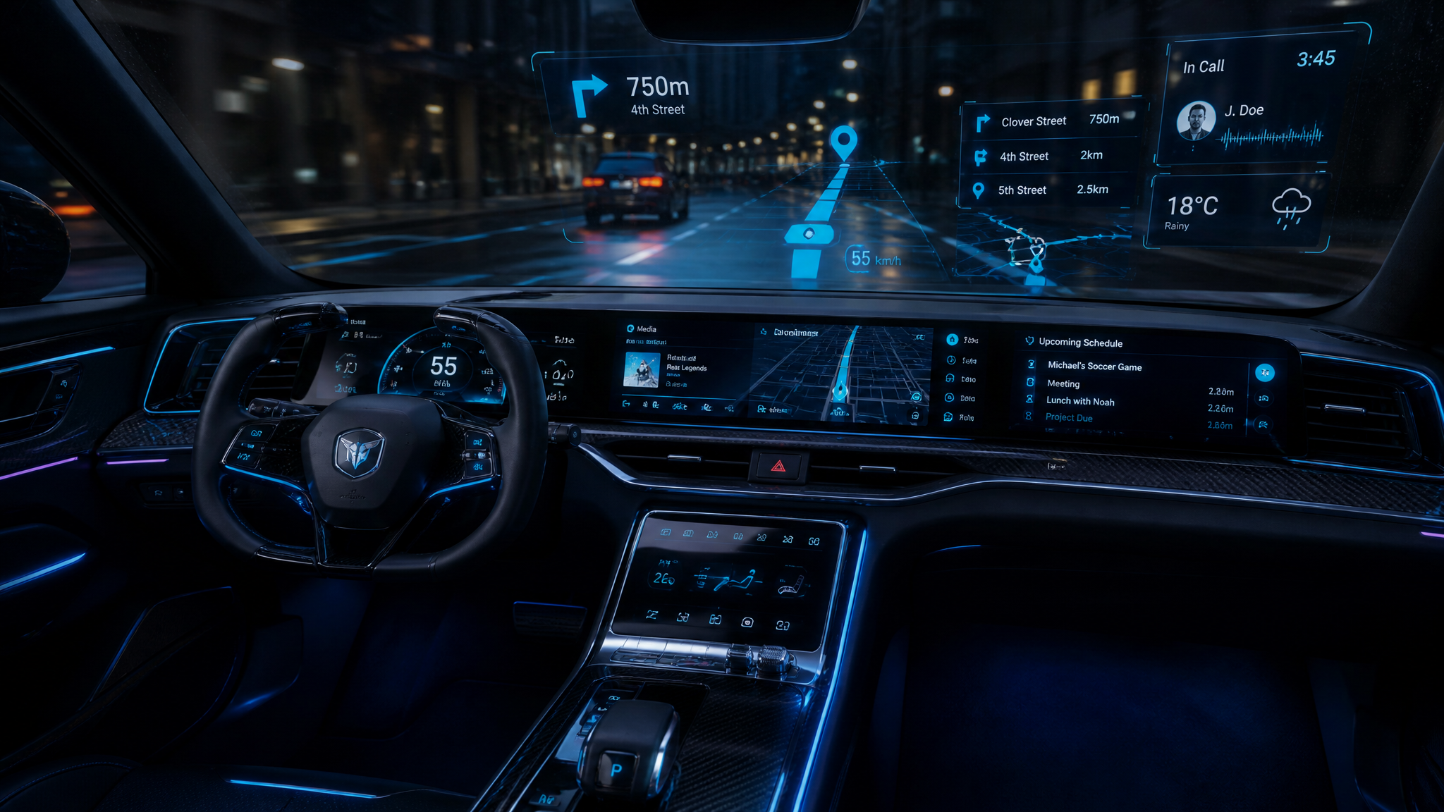 Futuristic vehicle cockpit with transparent holographic display showing navigation data